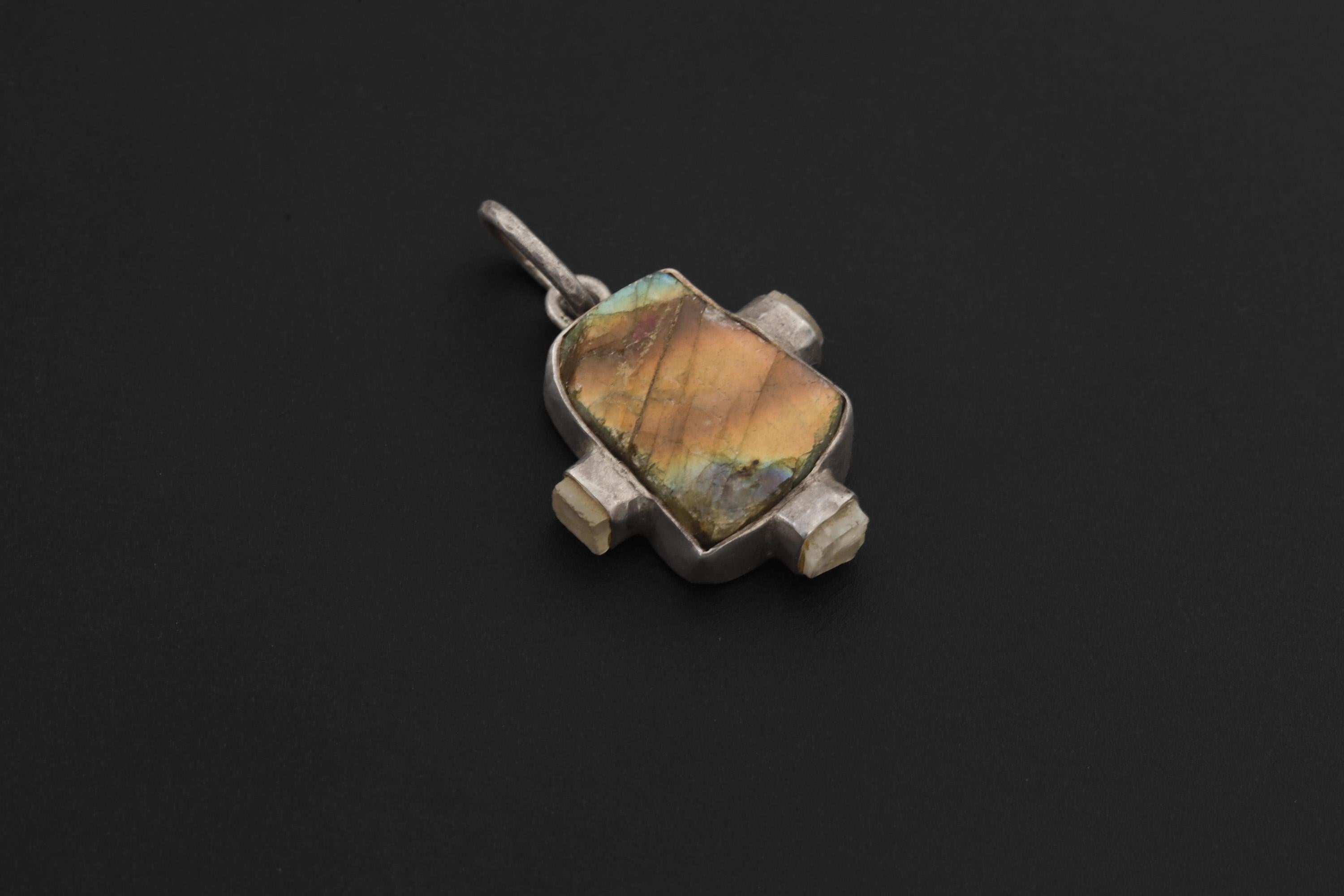 Raw Labradorite Moonstone Pendant: Hammered Sterling Silver Healing Necklace