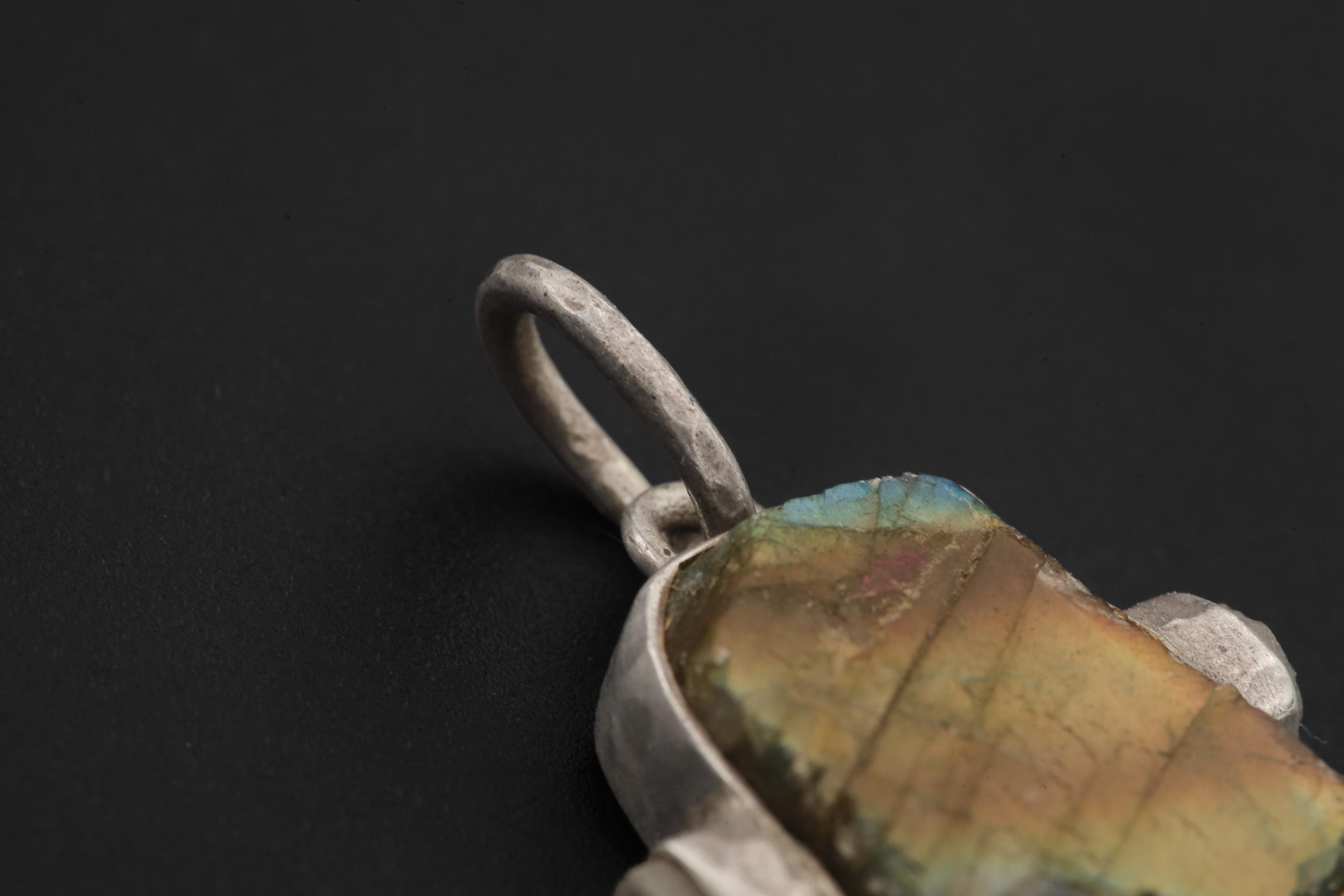 Raw Labradorite Moonstone Pendant: Hammered Sterling Silver Healing Necklace