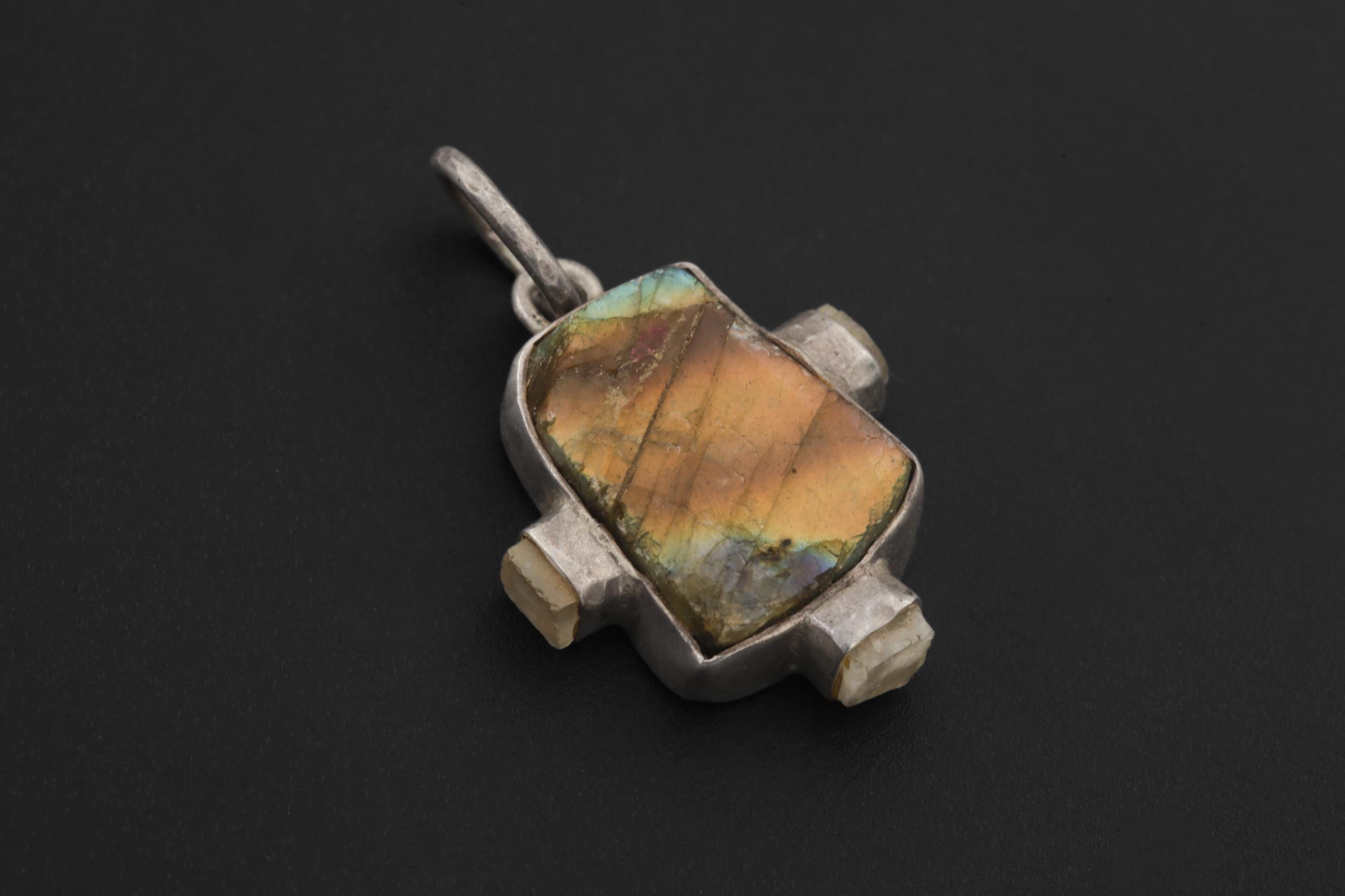 Raw Labradorite Moonstone Pendant: Hammered Sterling Silver Healing Necklace