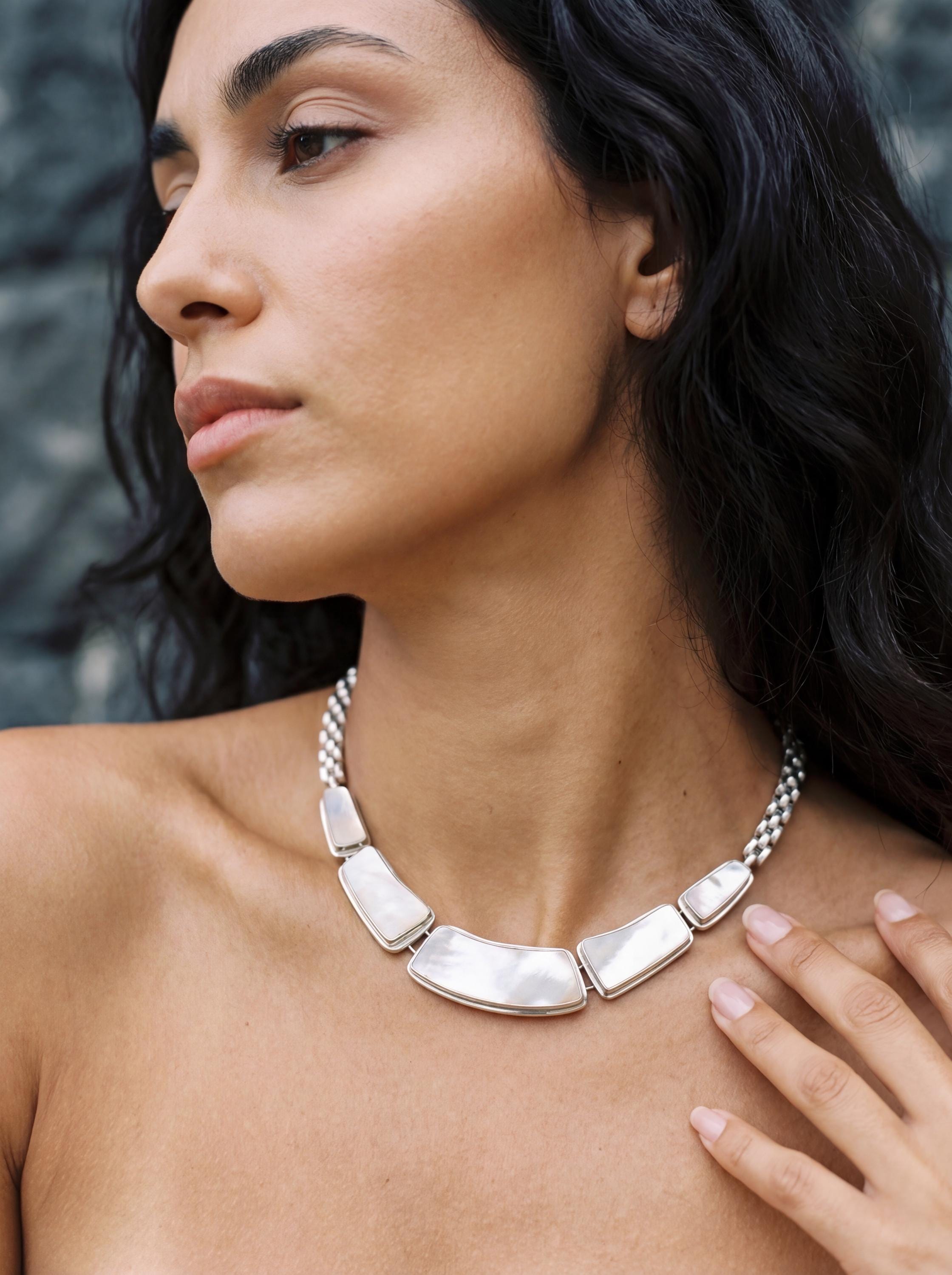 Handmade Mother of Pearl Necklace, 925 Sterling Silver Chain, Minimalist Ocean Shell Jewelry