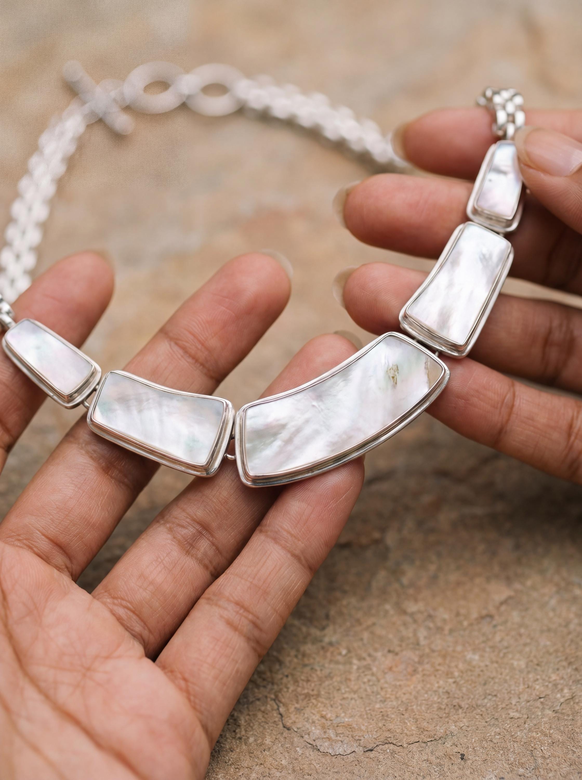 Handmade Mother of Pearl Necklace, 925 Sterling Silver Chain, Minimalist Ocean Shell Jewelry