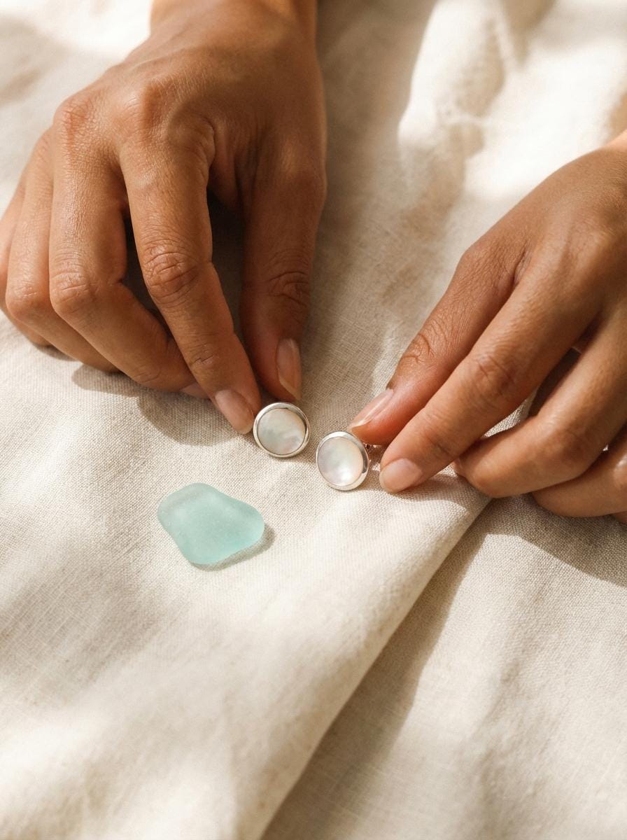 Mother of Pearl Stud Earrings, Sterling Silver Round Shell, Ocean Energy Jewelry