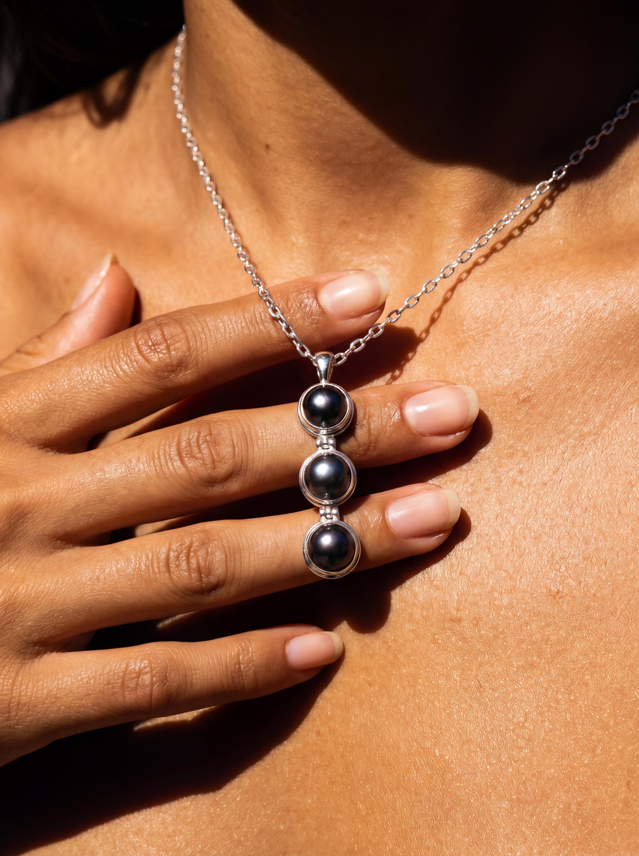 Triple Black Pearl Drop Pendant, 925 Sterling Silver, Elegant Minimalist Ocean Jewelry