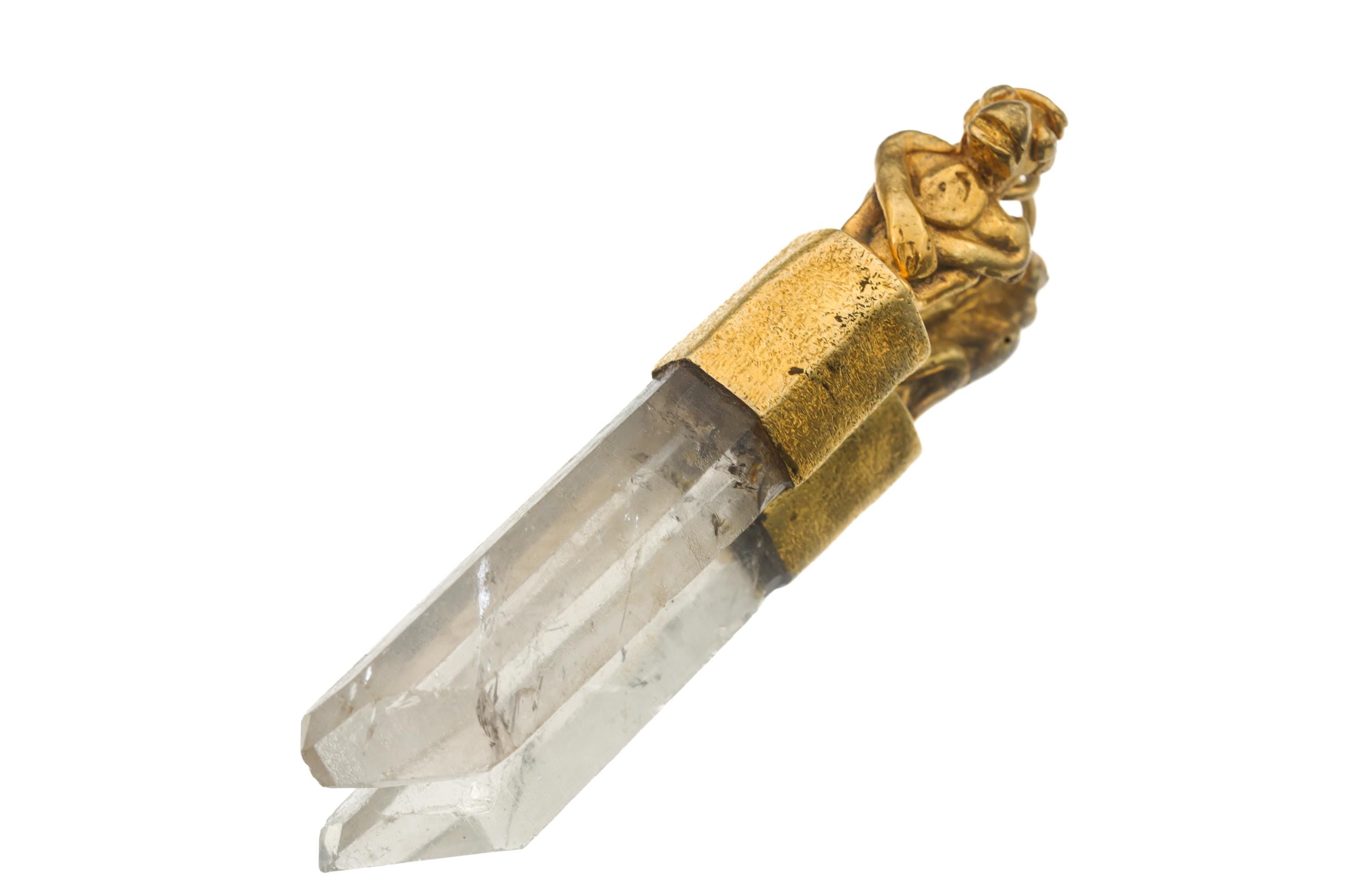 Gold-Plated Monkey Talisman Pendant: Lemurian Quartz, Crown Chakra