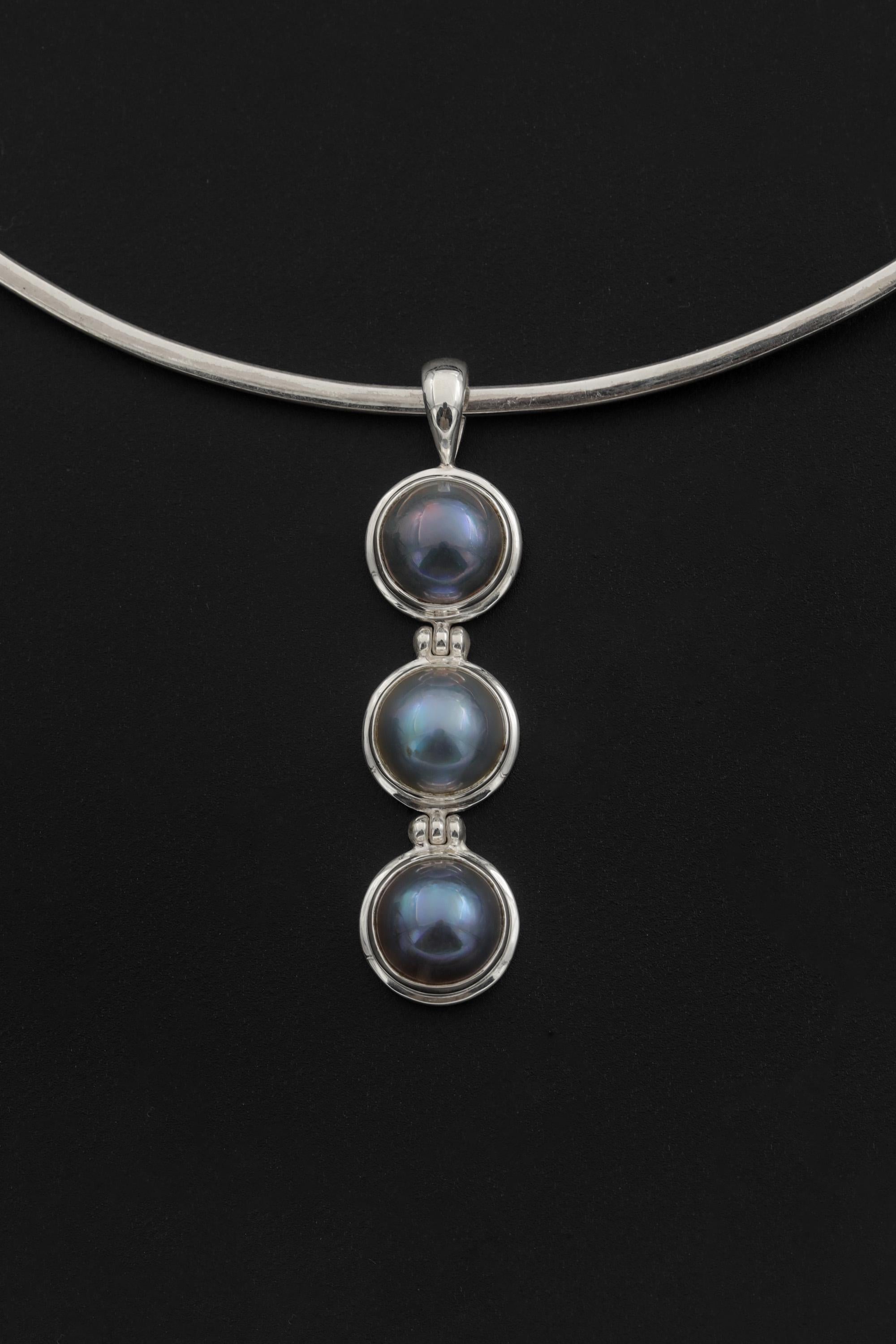 Triple Black Pearl Drop Pendant, 925 Sterling Silver, Elegant Minimalist Ocean Jewelry