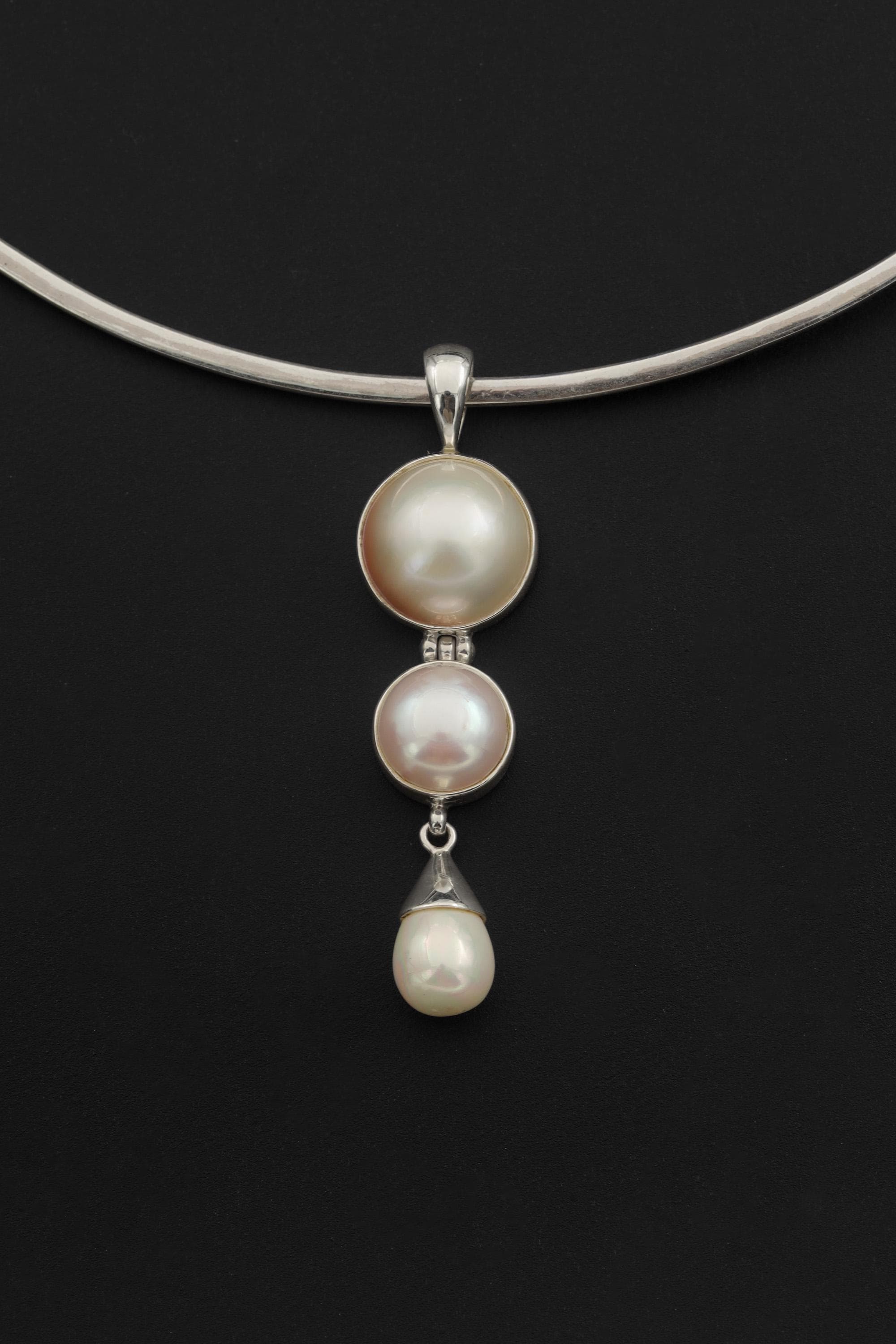 Triple Pearl Drop Pendant Necklace, 925 Sterling Silver, Round and Teardrop Pearls