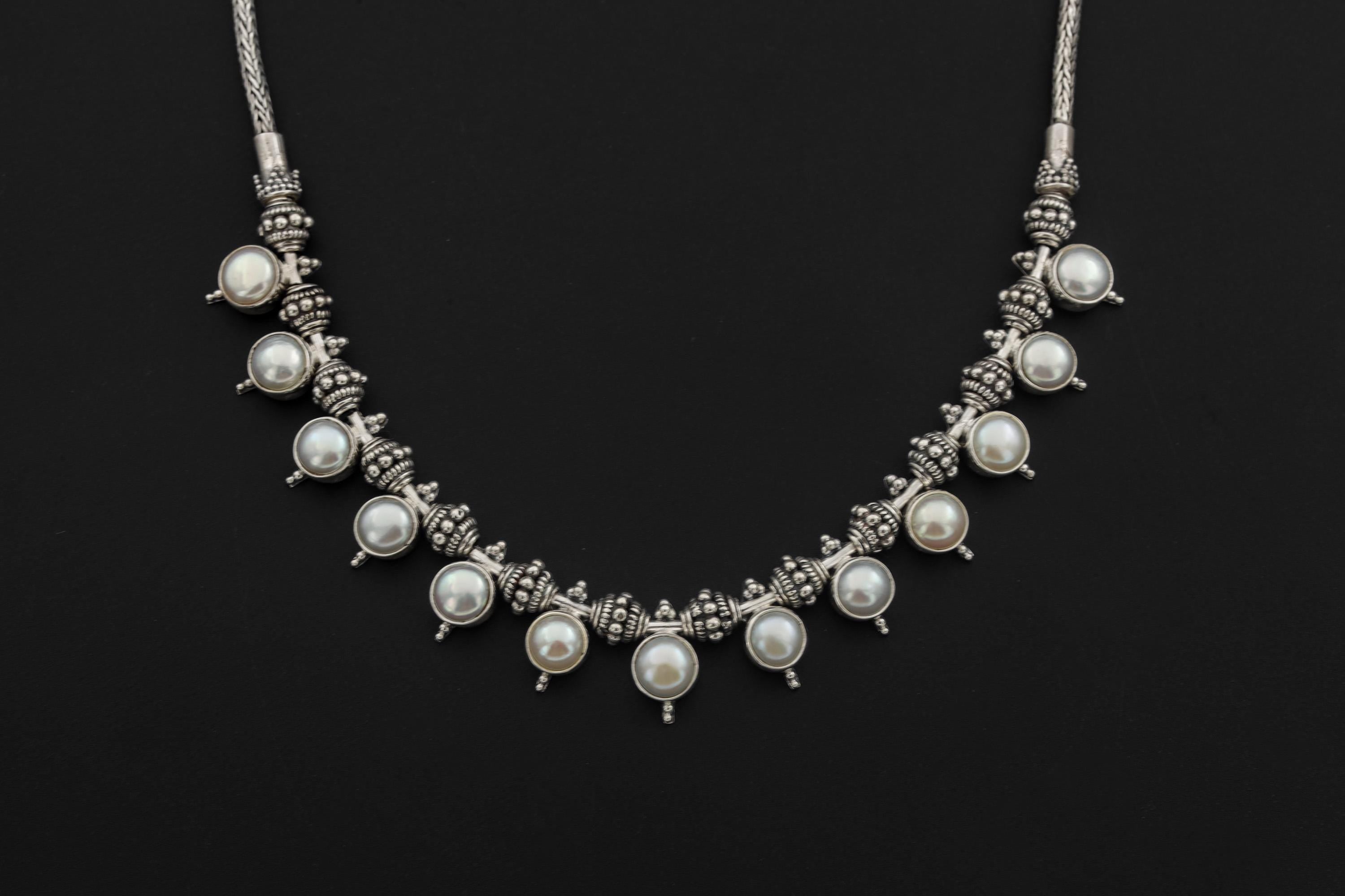 Handmade White Pearl Sterling Silver Necklace, Oxidized Beaded Chain, Ocean Luster Jewelry