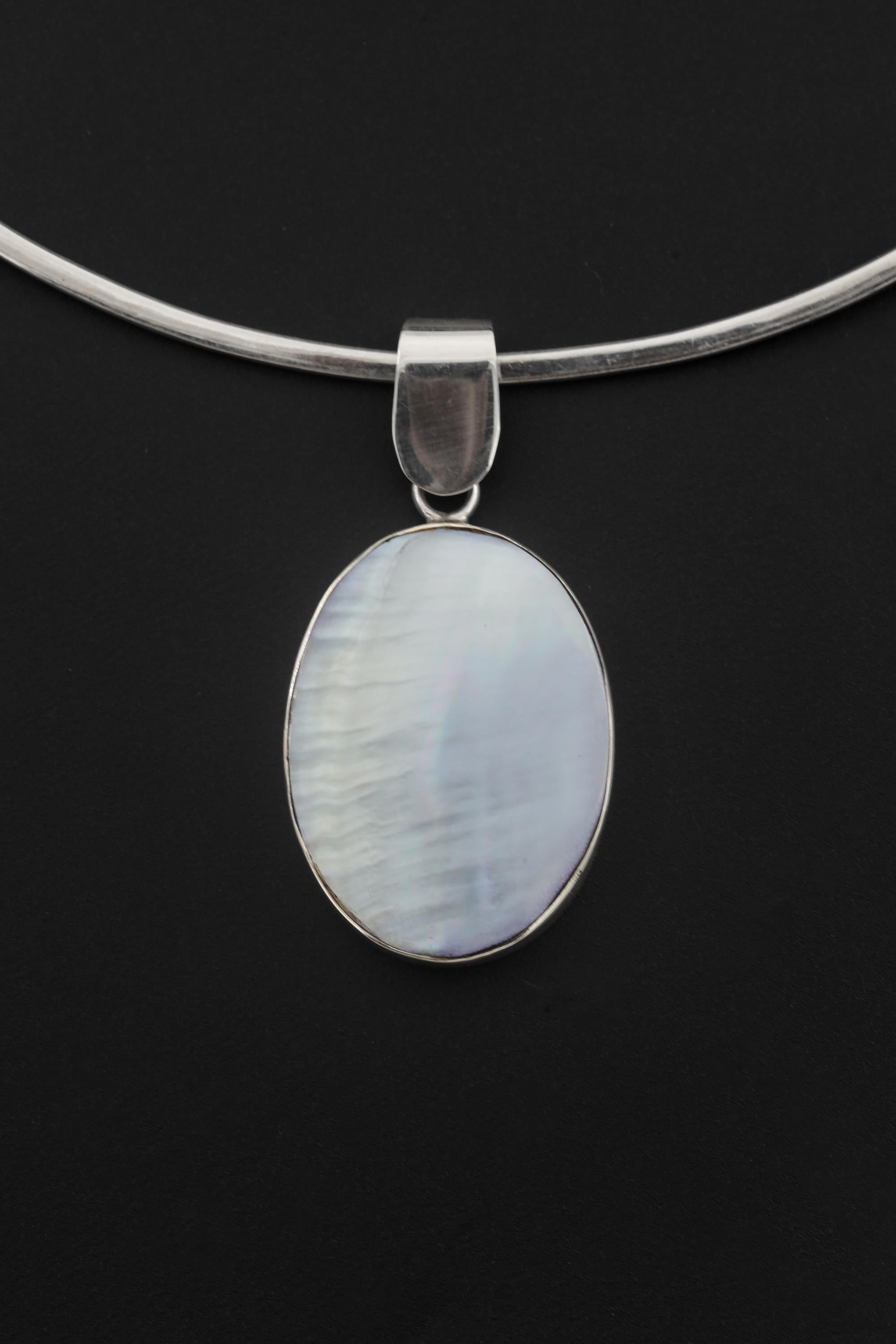 Oval Mother of Pearl Pendant, Sterling Silver High Shine Cabochon Necklace – Boho Ocean Jewelry