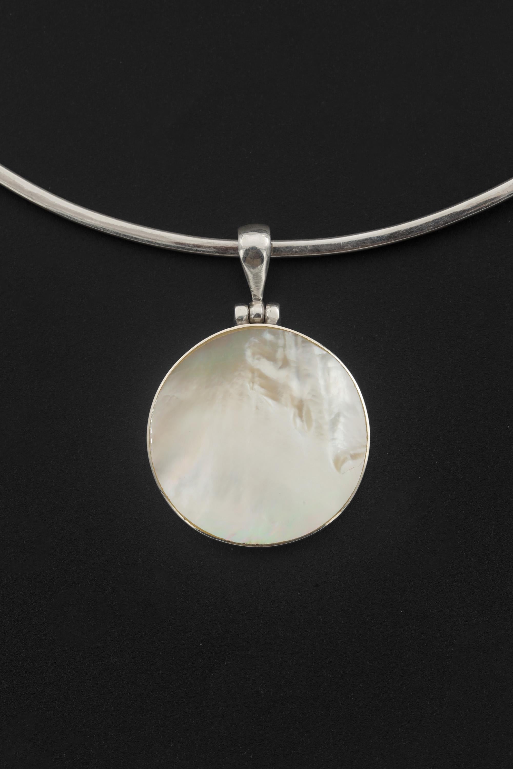 Round Mother of Pearl Pendant Necklace, Sterling Silver High Shine Polish, Boho Shell Talisman