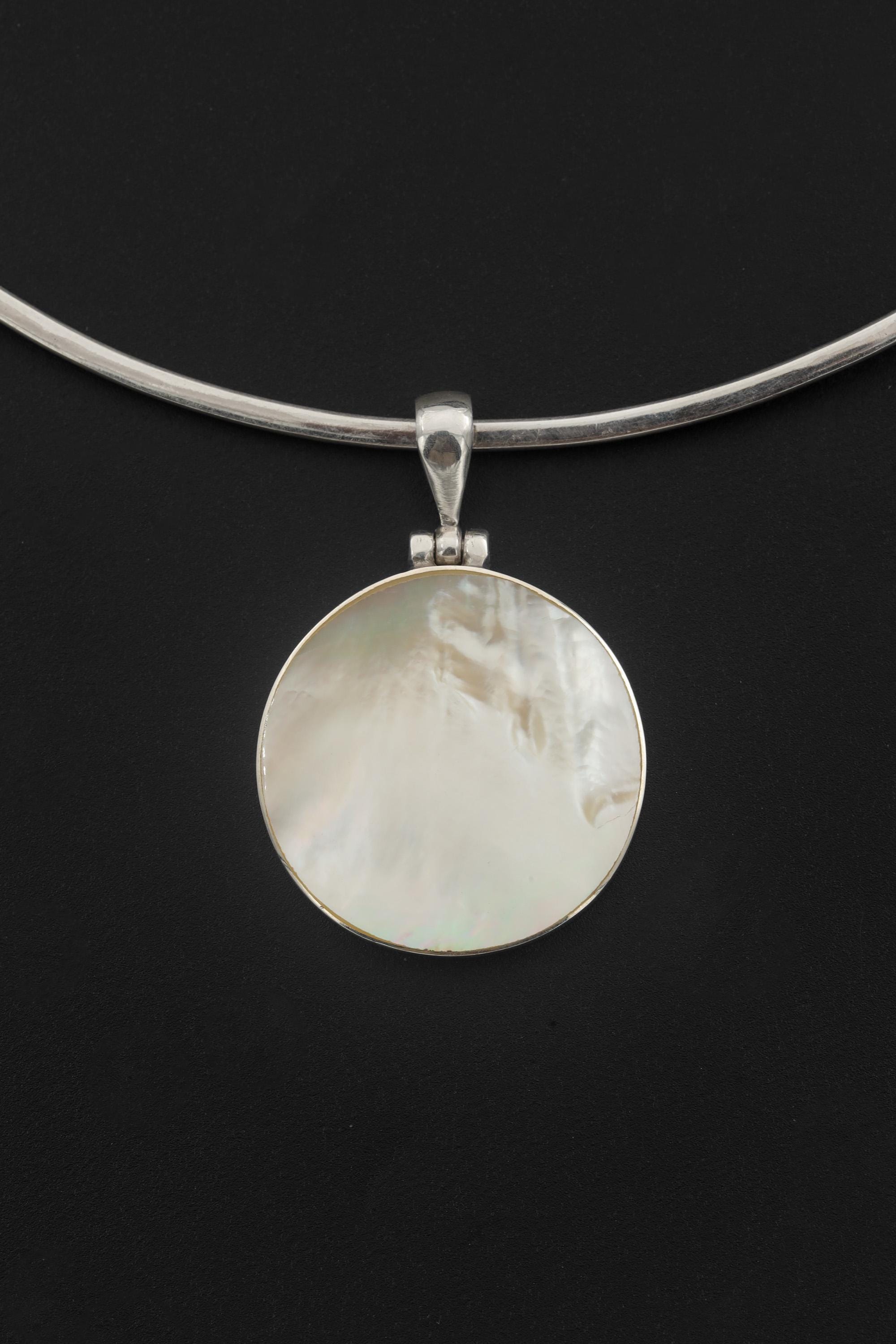 Round Mother of Pearl Necklace 925 Silver Shell Disc Pendant High Shine Bezel Ocean Lunar Jewelry Handmade Gift