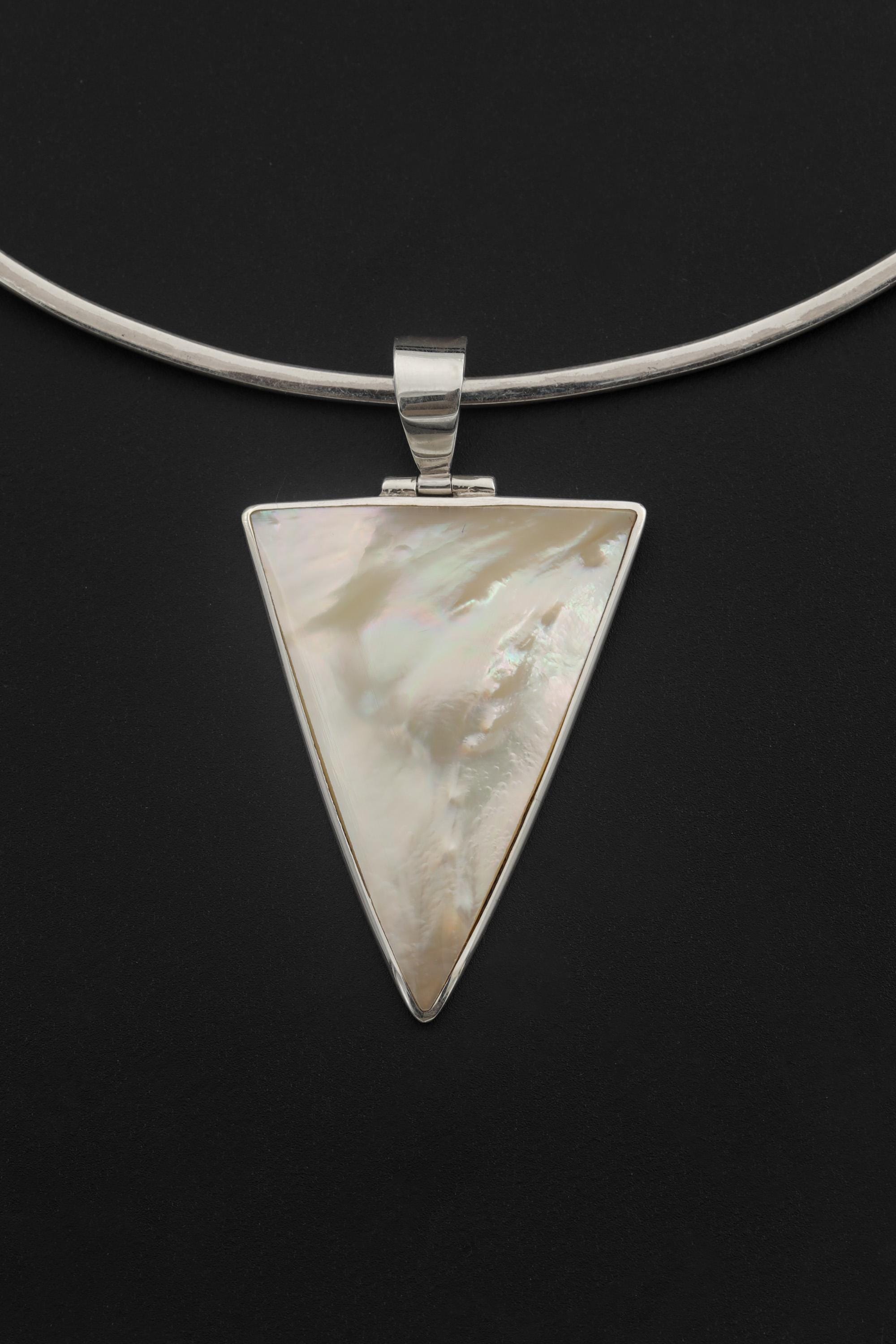 Triangular Mother of Pearl Pendant Necklace, Sterling Silver High Shine Shell Jewelry