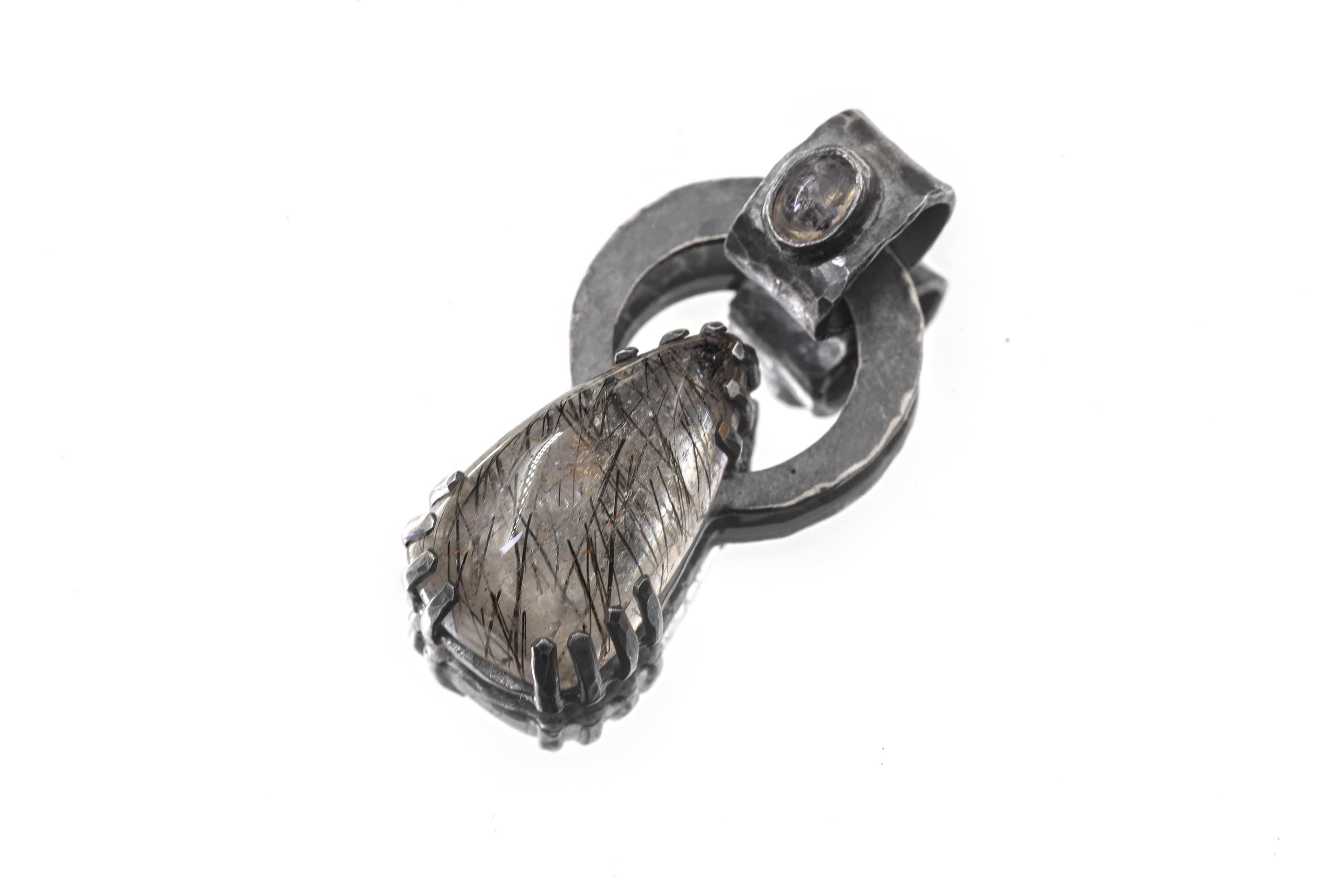 Black Rutile Quartz and Blue Moonstone - Oxidised Hammered Sterling Silver - Claw Set Pendant