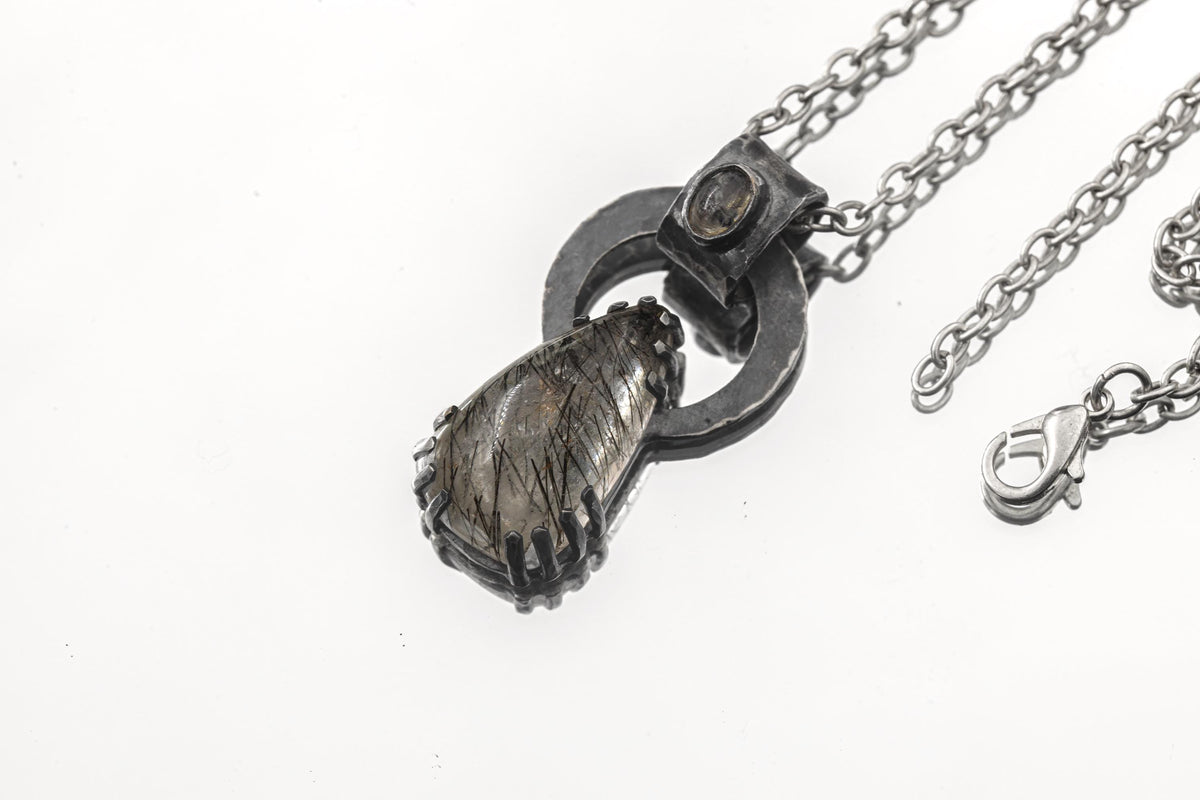 Black Rutile Quartz and Blue Moonstone - Oxidised Hammered Sterling Silver - Claw Set Pendant