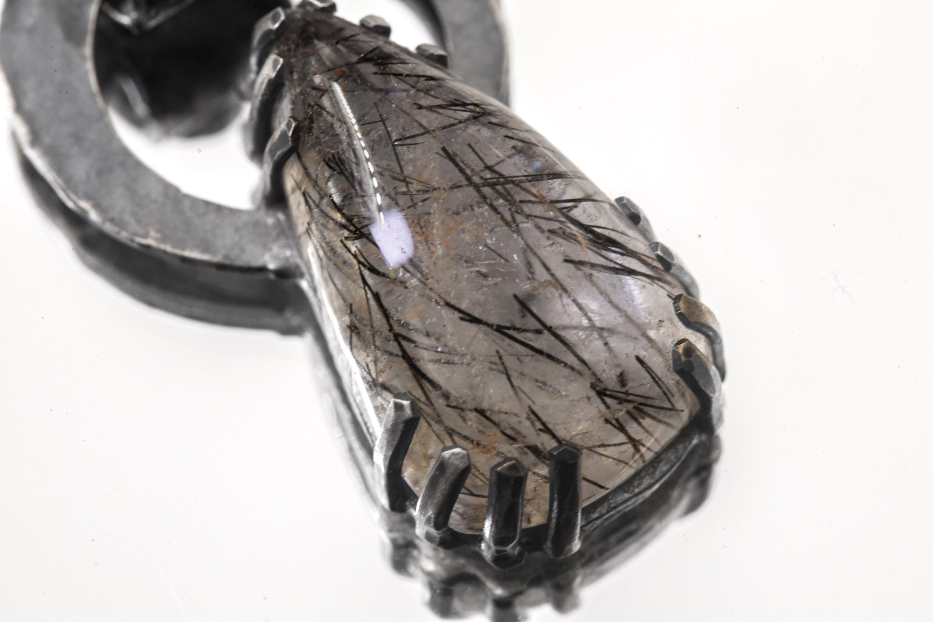 Black Rutile Quartz and Blue Moonstone - Oxidised Hammered Sterling Silver - Claw Set Pendant