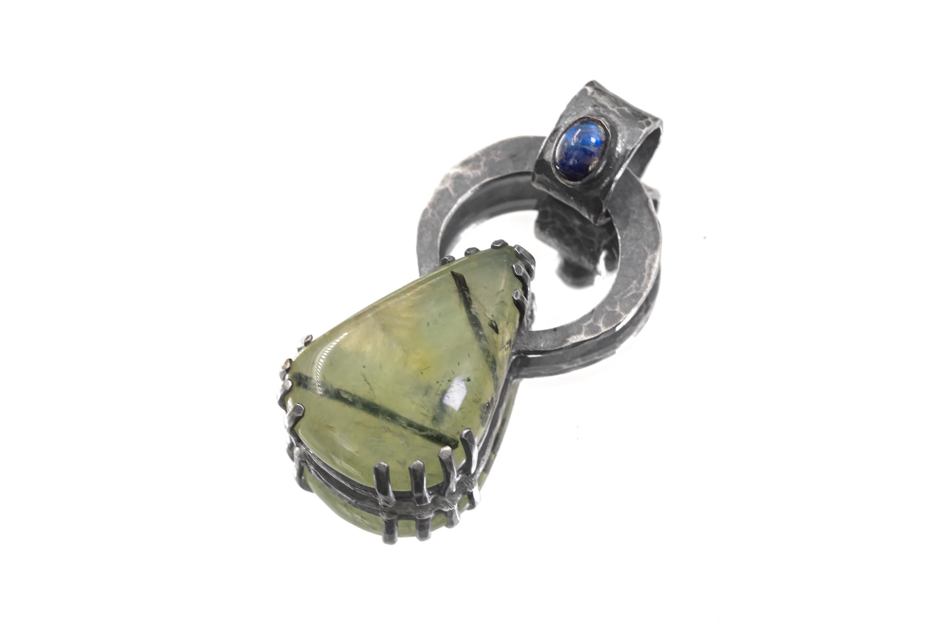 Blue Moonstone Peridot Pendant 925 Sterling Silver Oxidized Claw Necklace Third Eye Heart Chakra Gift