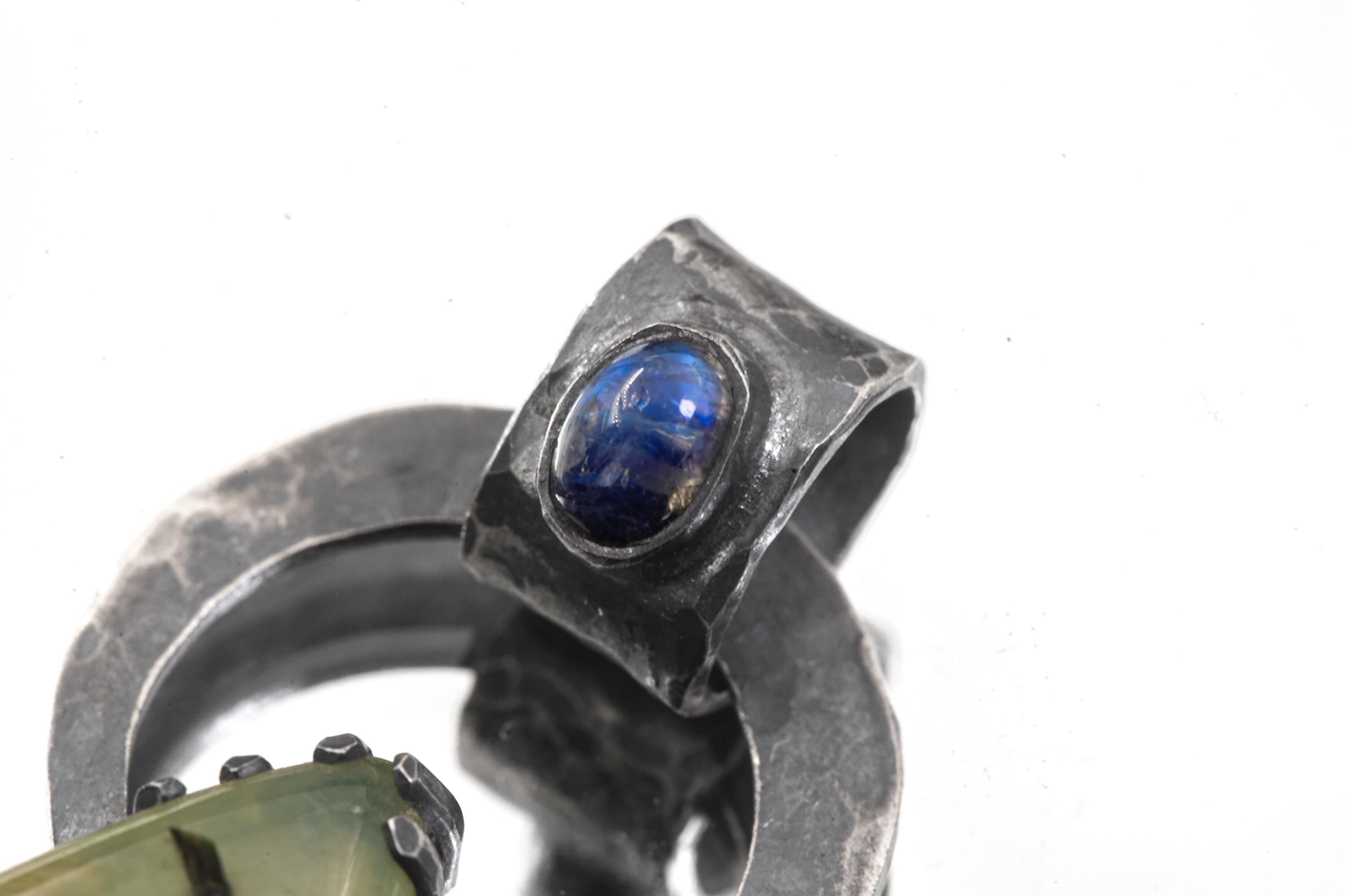 Blue Moonstone Peridot Pendant 925 Sterling Silver Oxidized Claw Necklace Third Eye Heart Chakra Gift