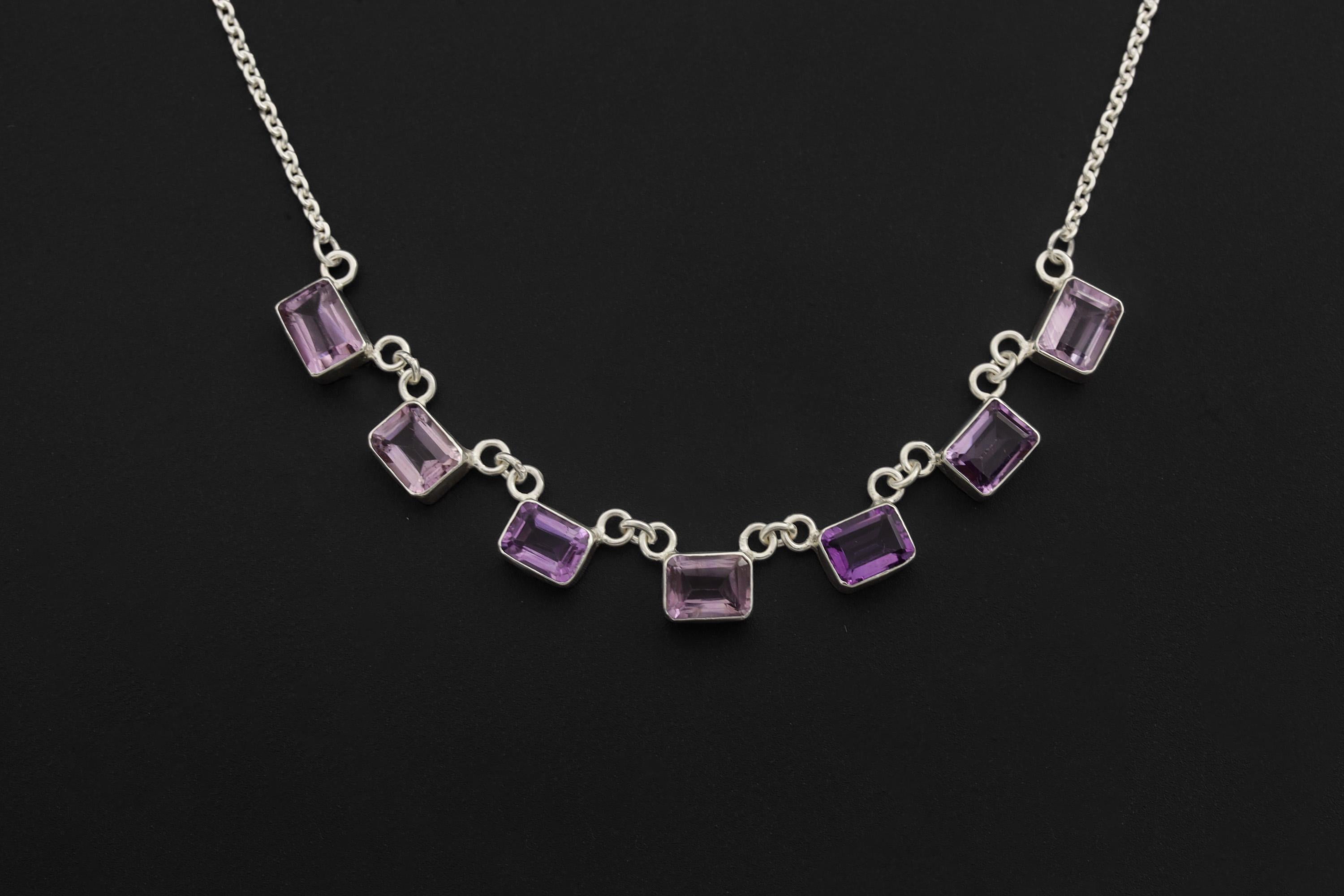 Amethyst 7 Stone Necklace 925 Silver Cable Chain Square Cut Gemstone Necklace Crown Chakra Purple Jewelry Gift