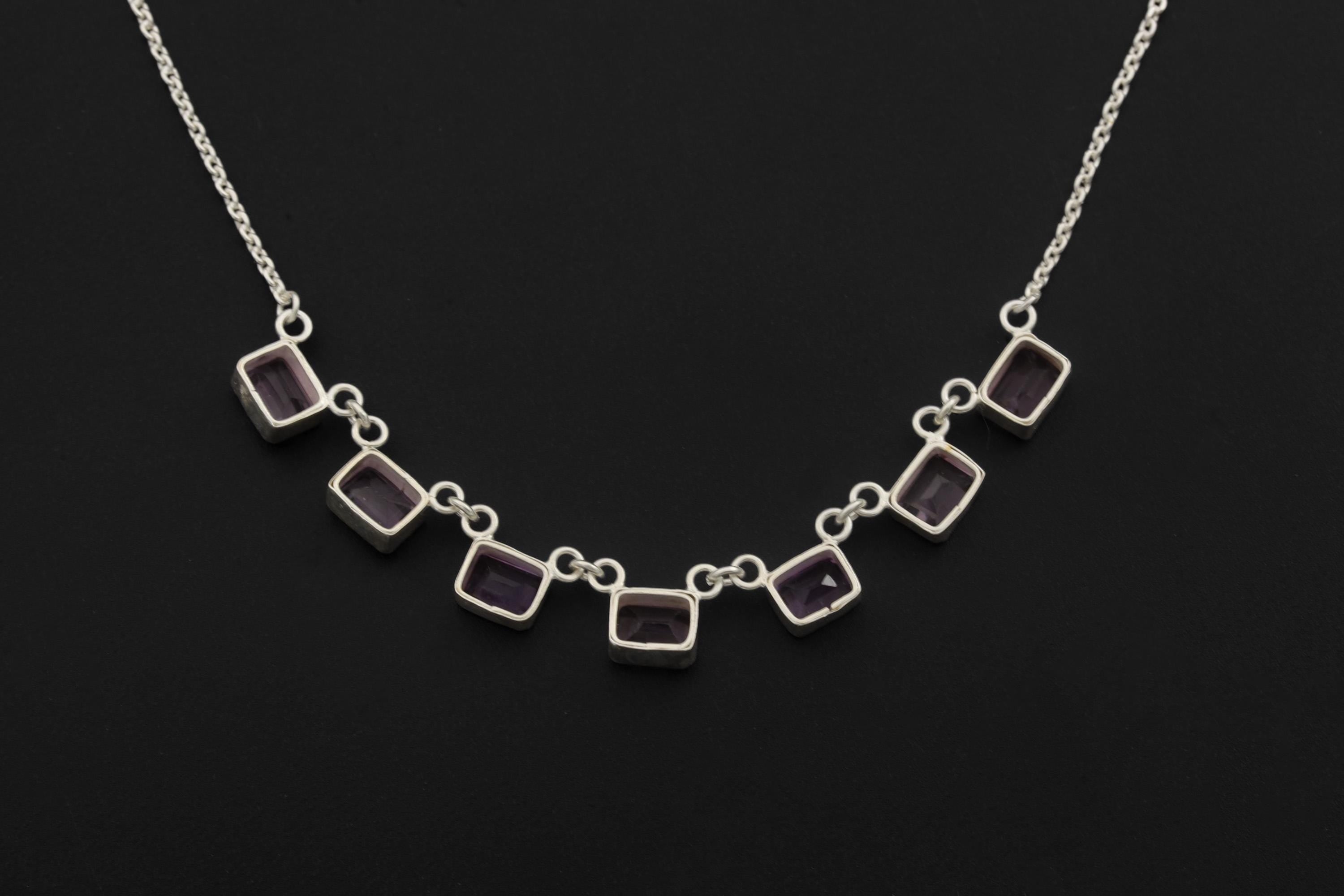 Amethyst 7 Stone Necklace 925 Silver Cable Chain Square Cut Gemstone Necklace Crown Chakra Purple Jewelry Gift