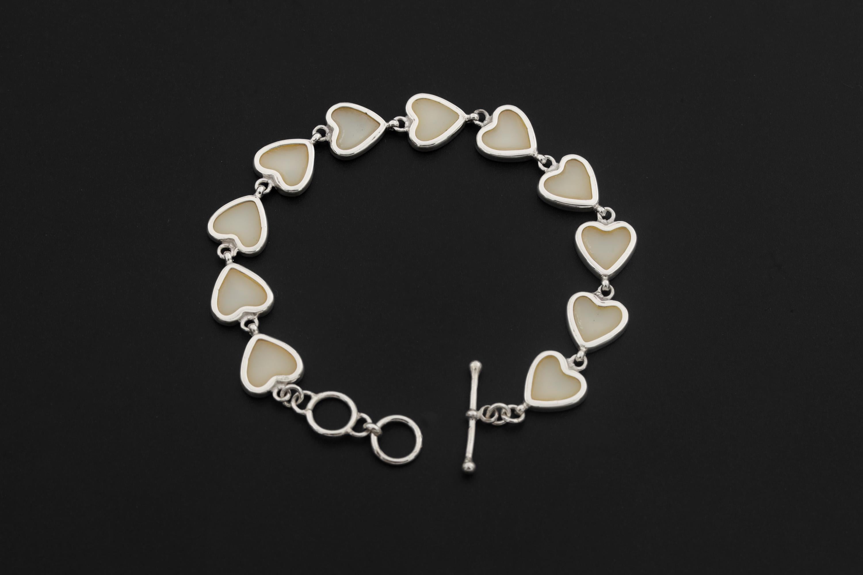 Sterling Silver Bracelets Mother of Pearl Heart Love Link Jewelry High Polish Romantic Gift Heart Chakra Bracelet