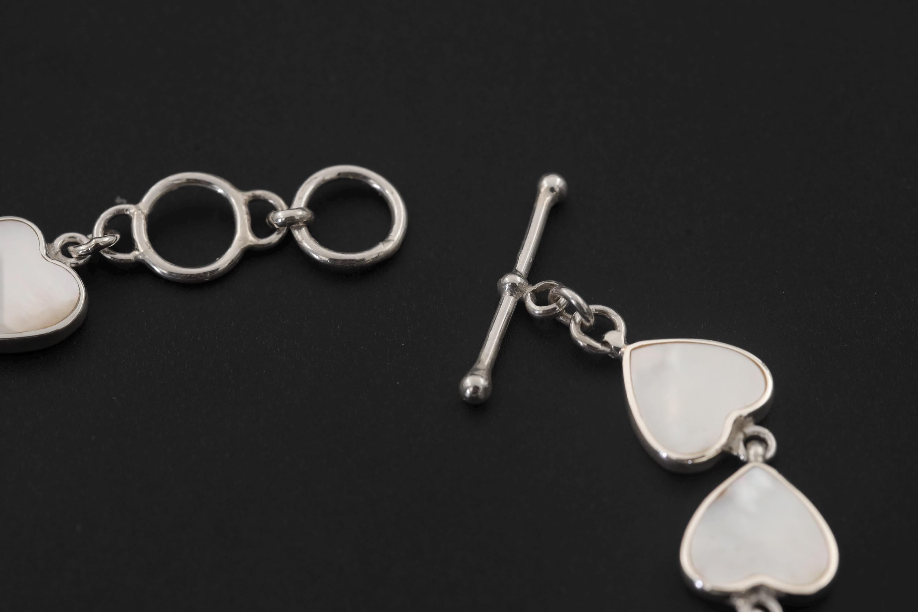 Sterling Silver Bracelets Mother of Pearl Heart Love Link Jewelry High Polish Romantic Gift Heart Chakra Bracelet