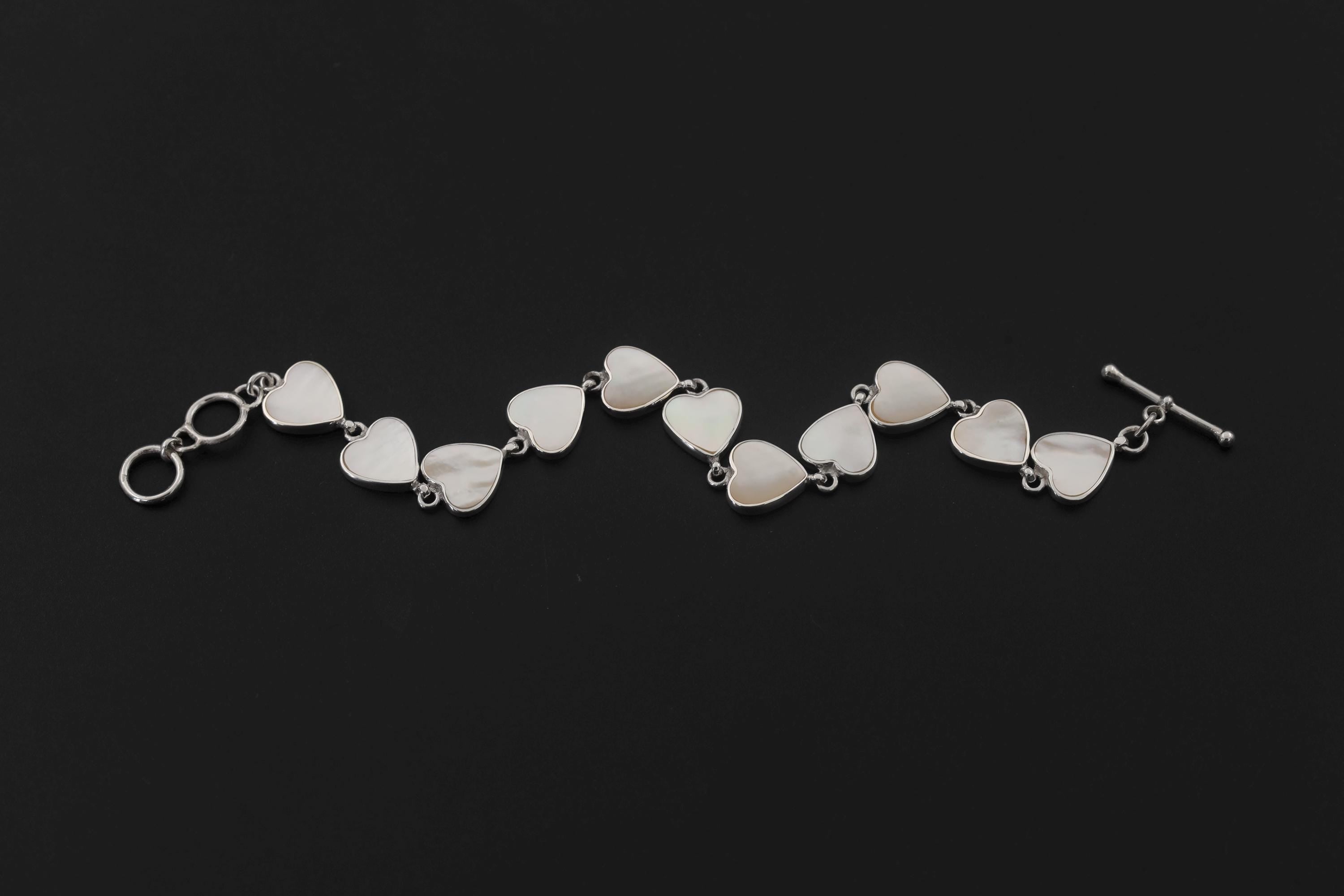 Sterling Silver Bracelets Mother of Pearl Heart Love Link Jewelry High Polish Romantic Gift Heart Chakra Bracelet