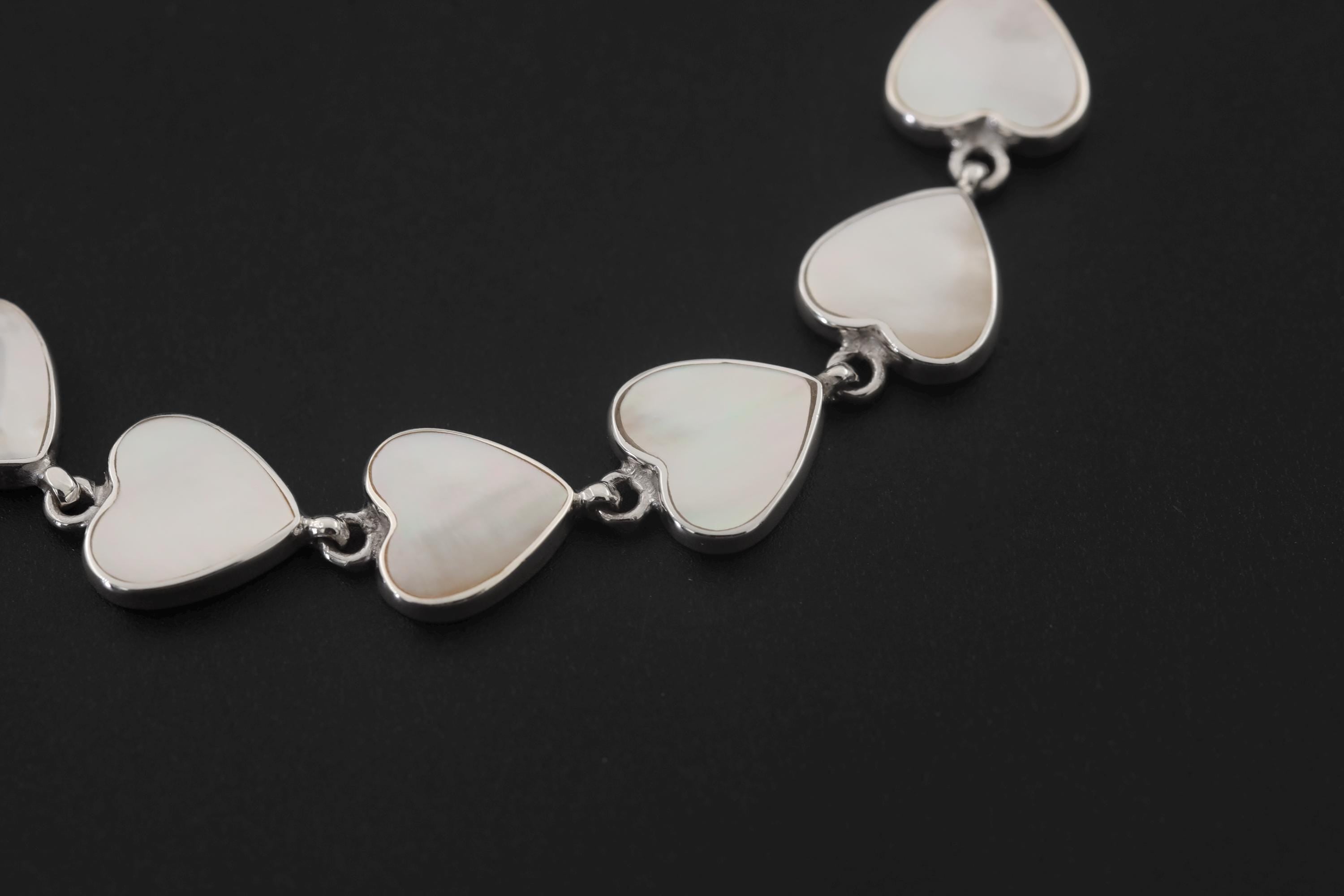 Sterling Silver Bracelets Mother of Pearl Heart Love Link Jewelry High Polish Romantic Gift Heart Chakra Bracelet