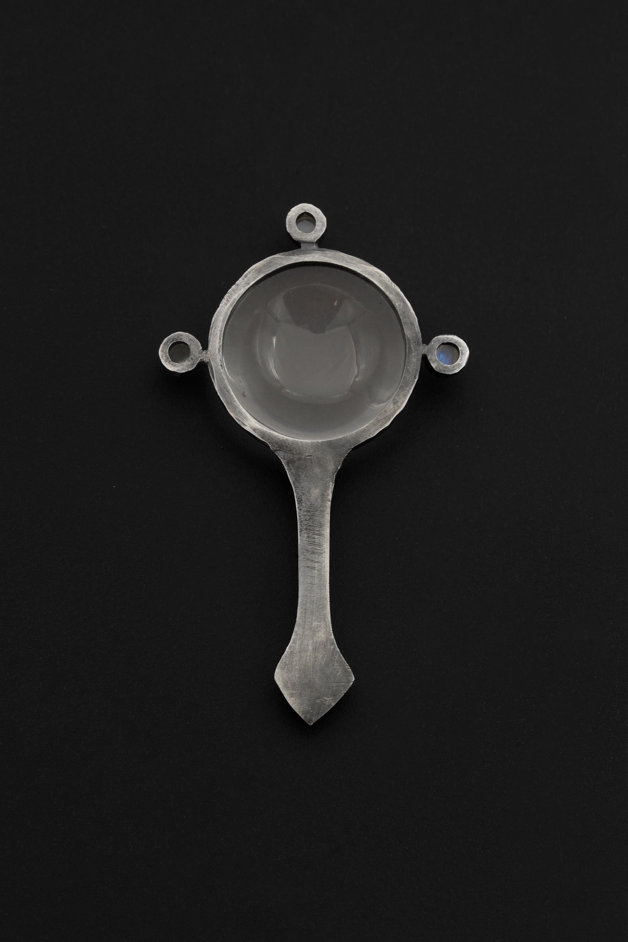 Sterling Silver Moonstone Magnifying Glass Pendant: Hammered Oxidized Blue Flash Gemstone Tool