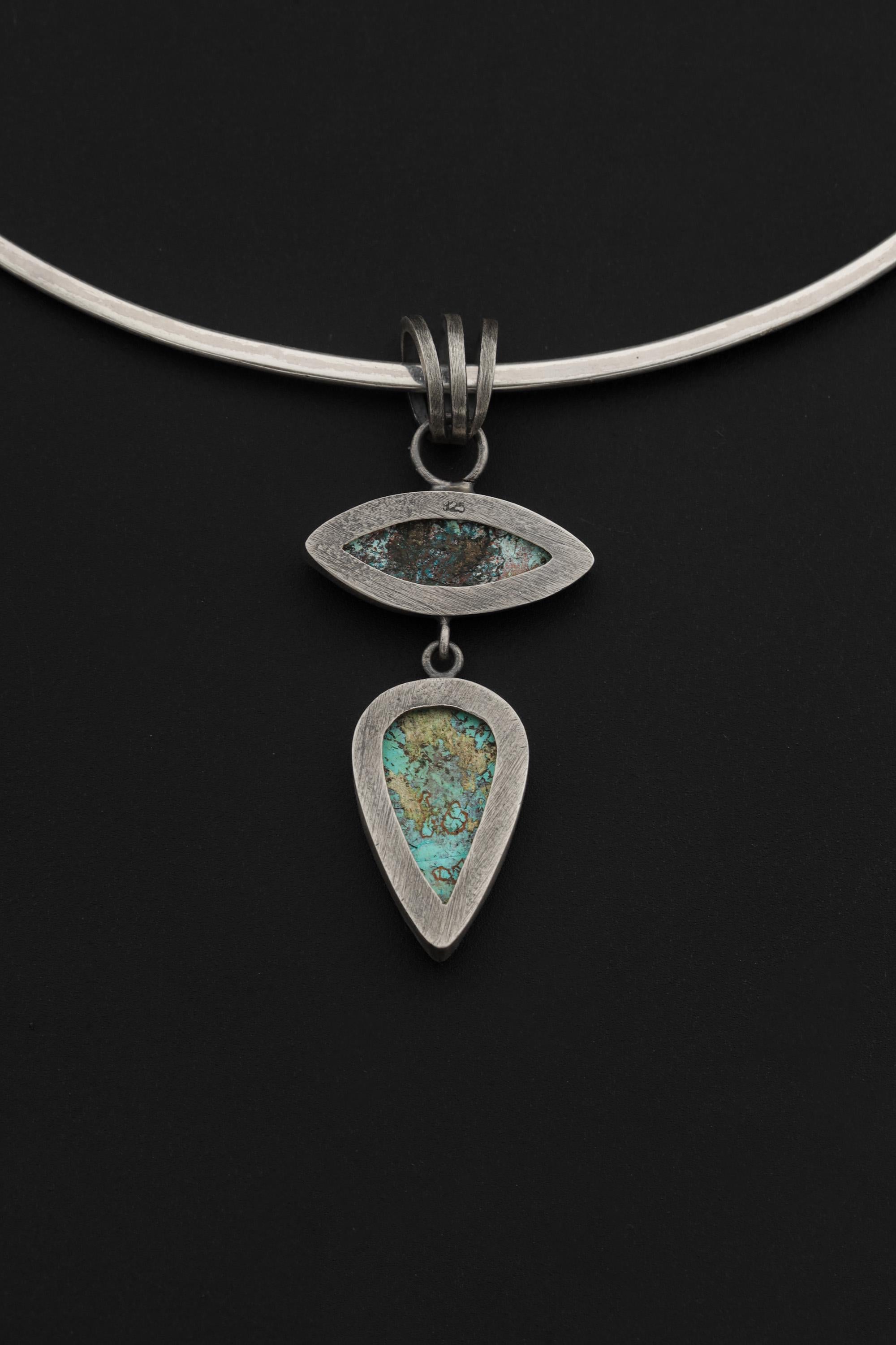 Sterling Silver Double Turquoise Pendant: Oxidized Brushed Boho Statement Necklace