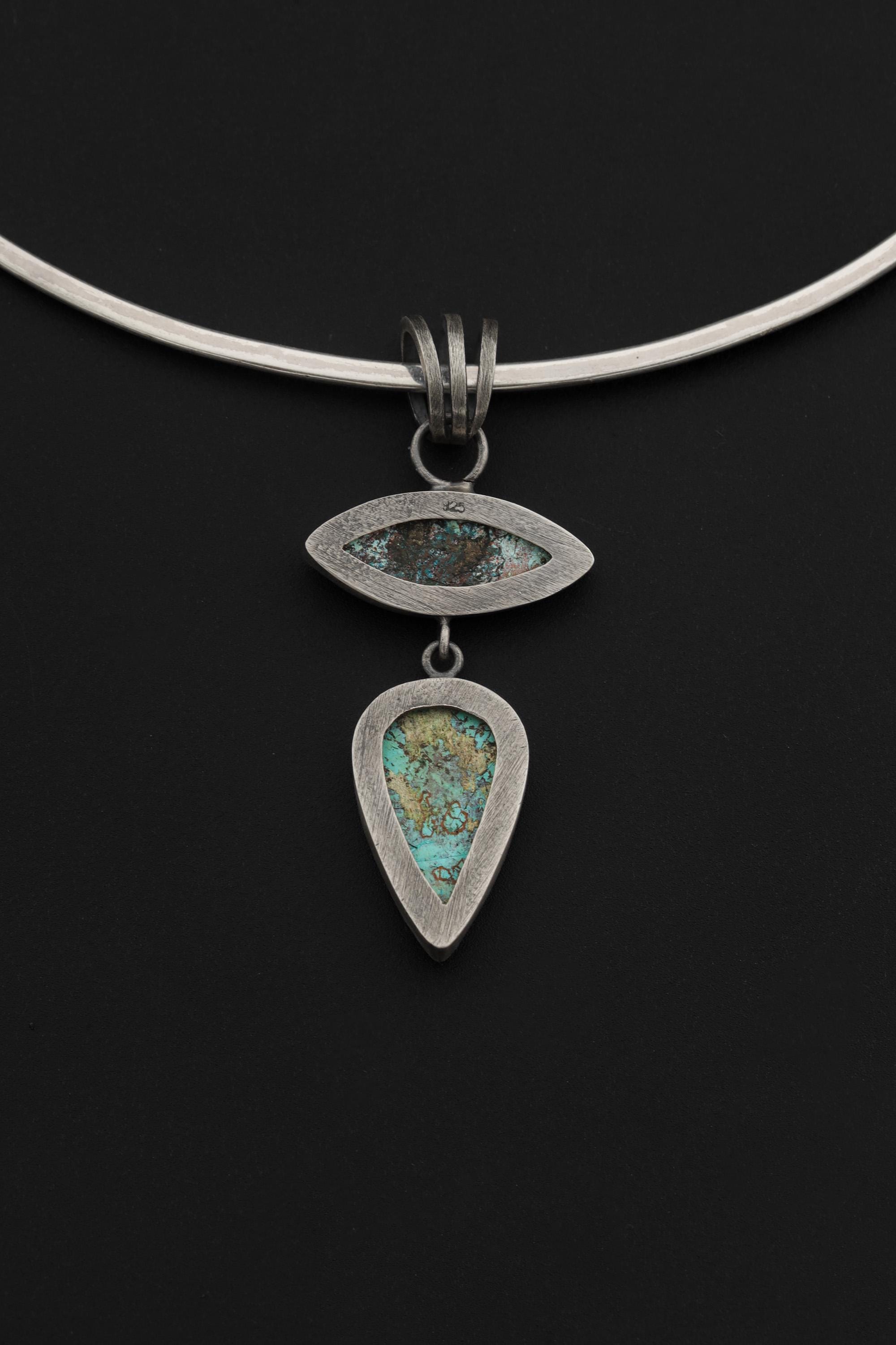 Matrix Turquoise Pendant 925 Silver Double Stone Marquise Cabochon Necklace Sagittarius Throat Chakra Gift
