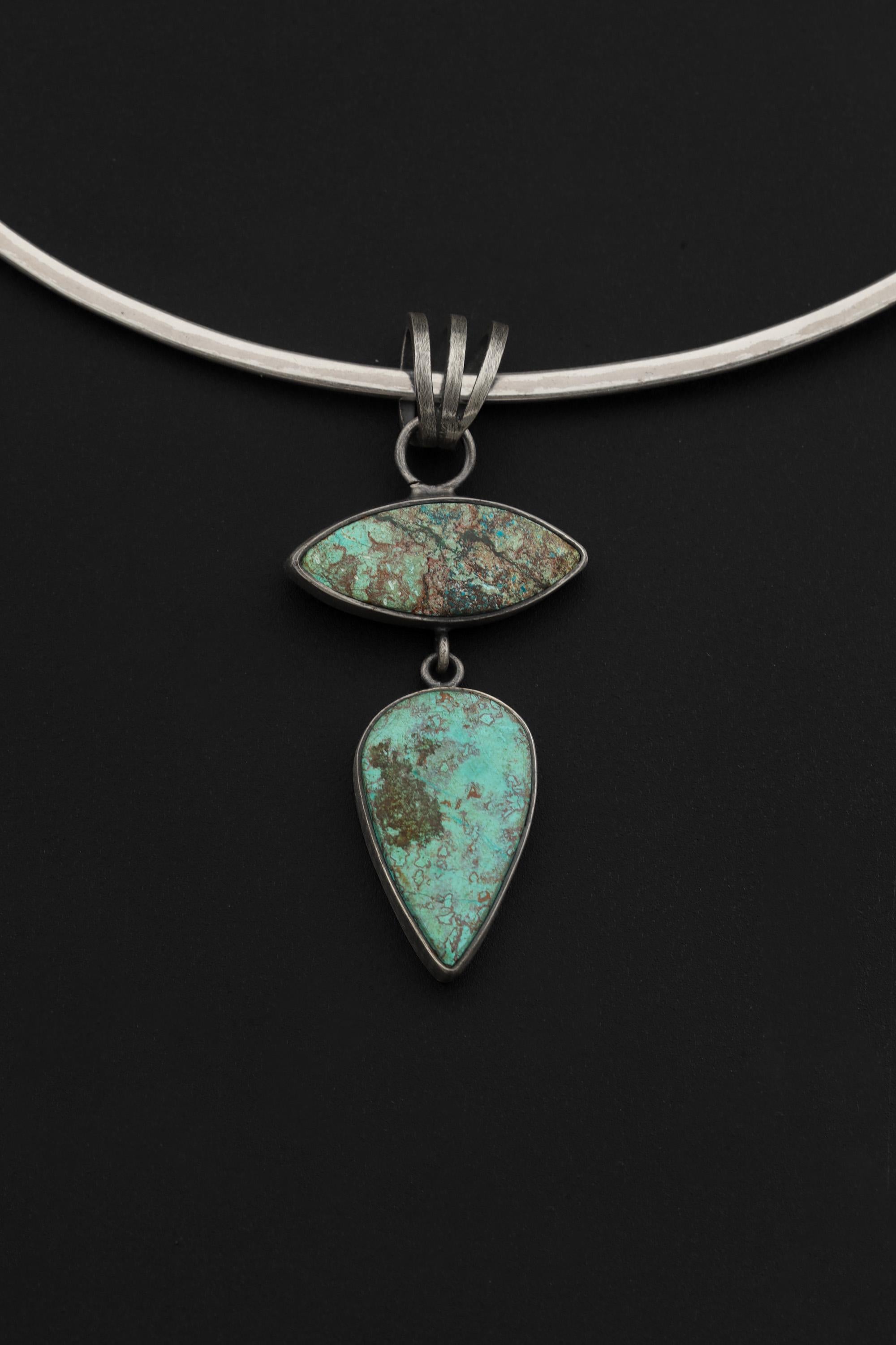Sterling Silver Double Turquoise Pendant: Oxidized Brushed Boho Statement Necklace