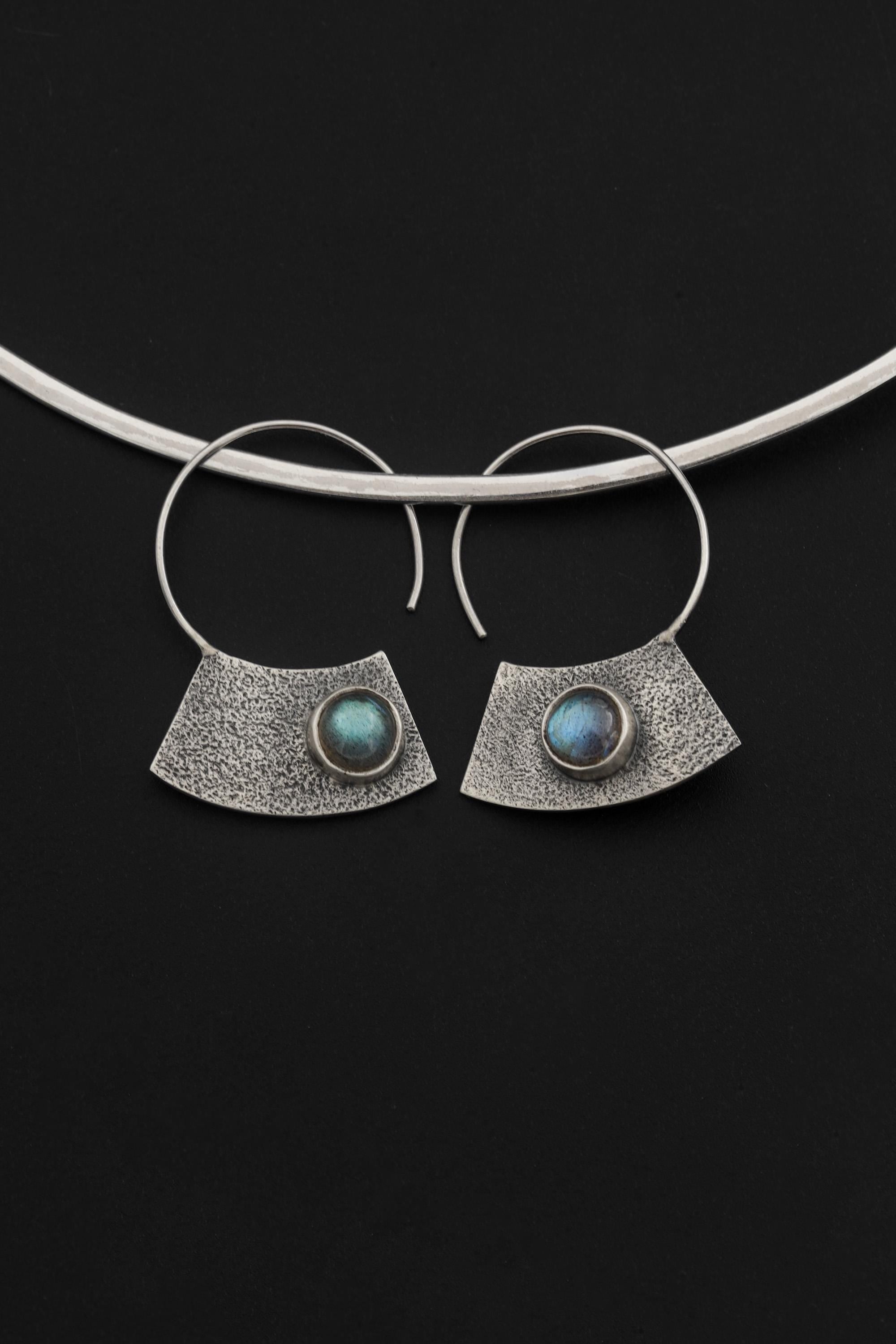 Oxidized Sterling Silver Hoop Earrings with Blue Flash Labradorite – Textured Boho Statement Jewelry