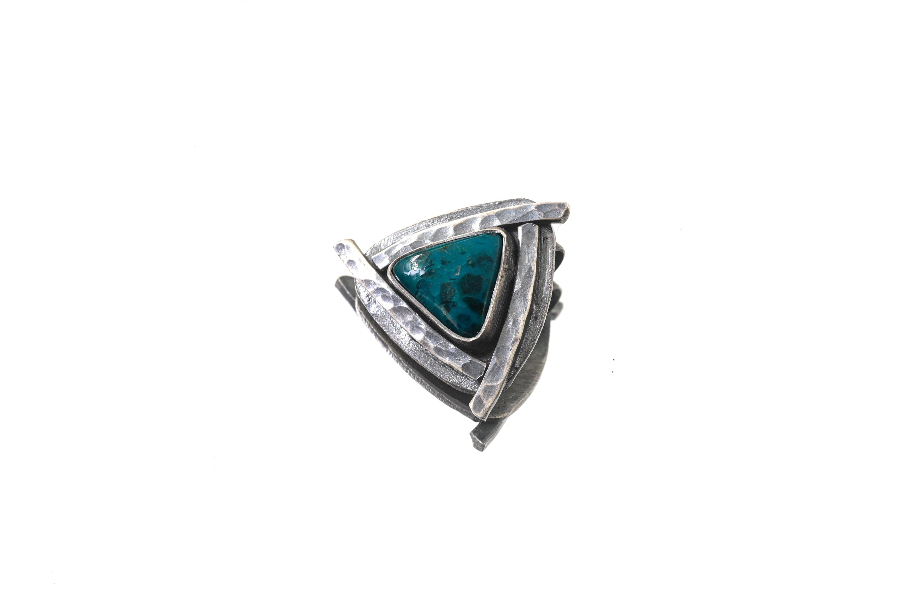Triangle of Serenity - Silicated Chrysocolla - Stack Pendant - Textured & oxidised - 925 Sterling Silver - Crystal Pendant