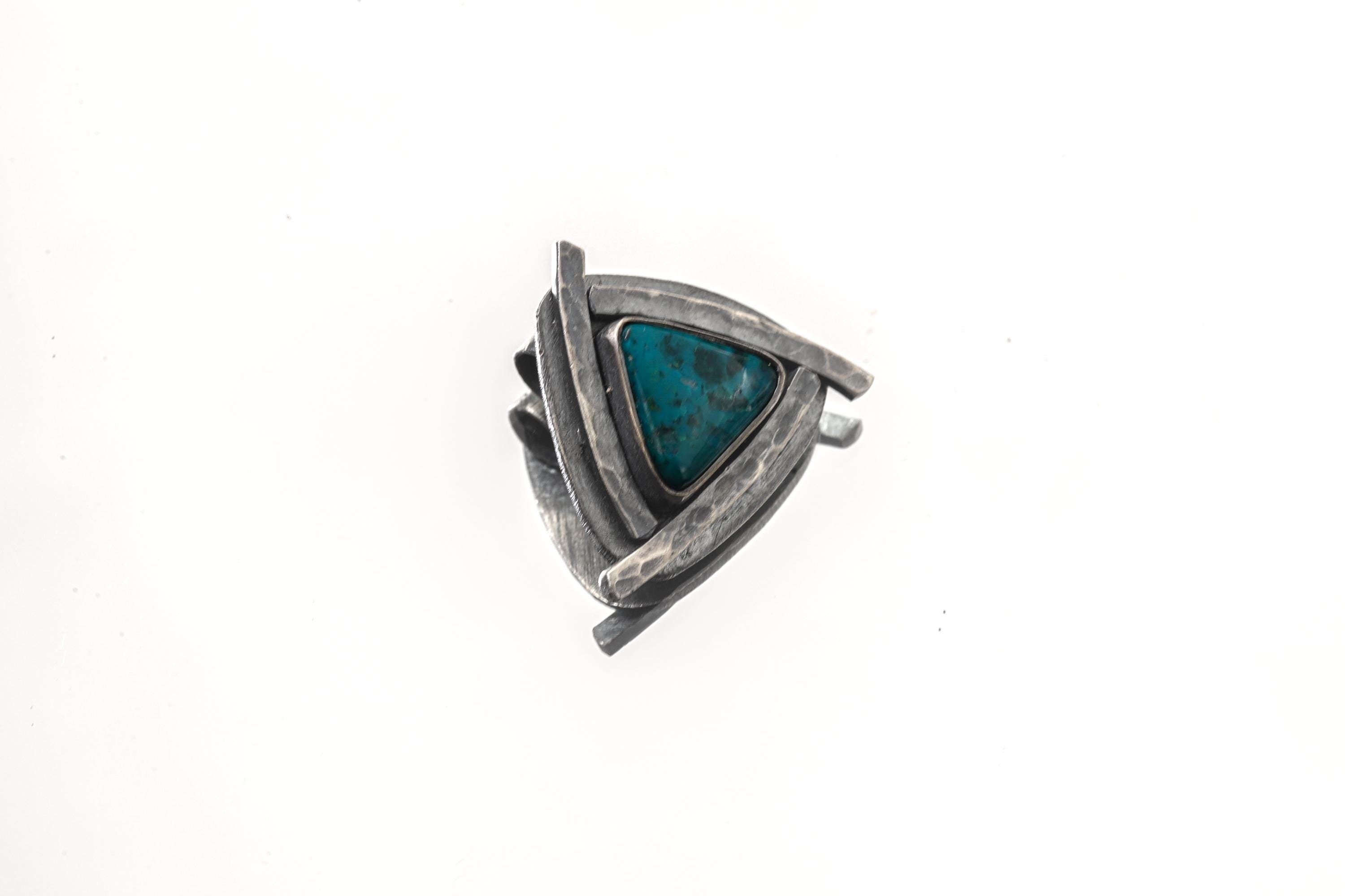 Triangle of Serenity - Silicated Chrysocolla - Stack Pendant - Textured & oxidised - 925 Sterling Silver - Crystal Pendant