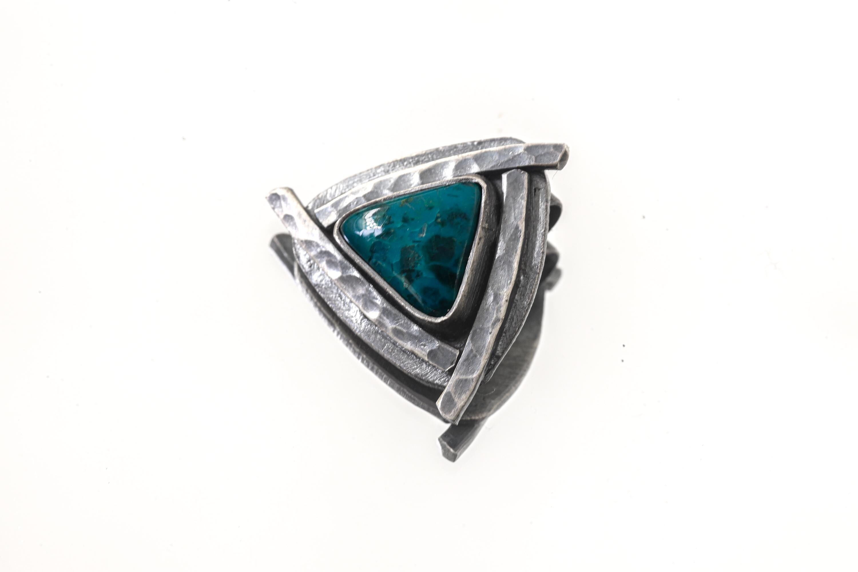 Triangle of Serenity - Silicated Chrysocolla - Stack Pendant - Textured & oxidised - 925 Sterling Silver - Crystal Pendant
