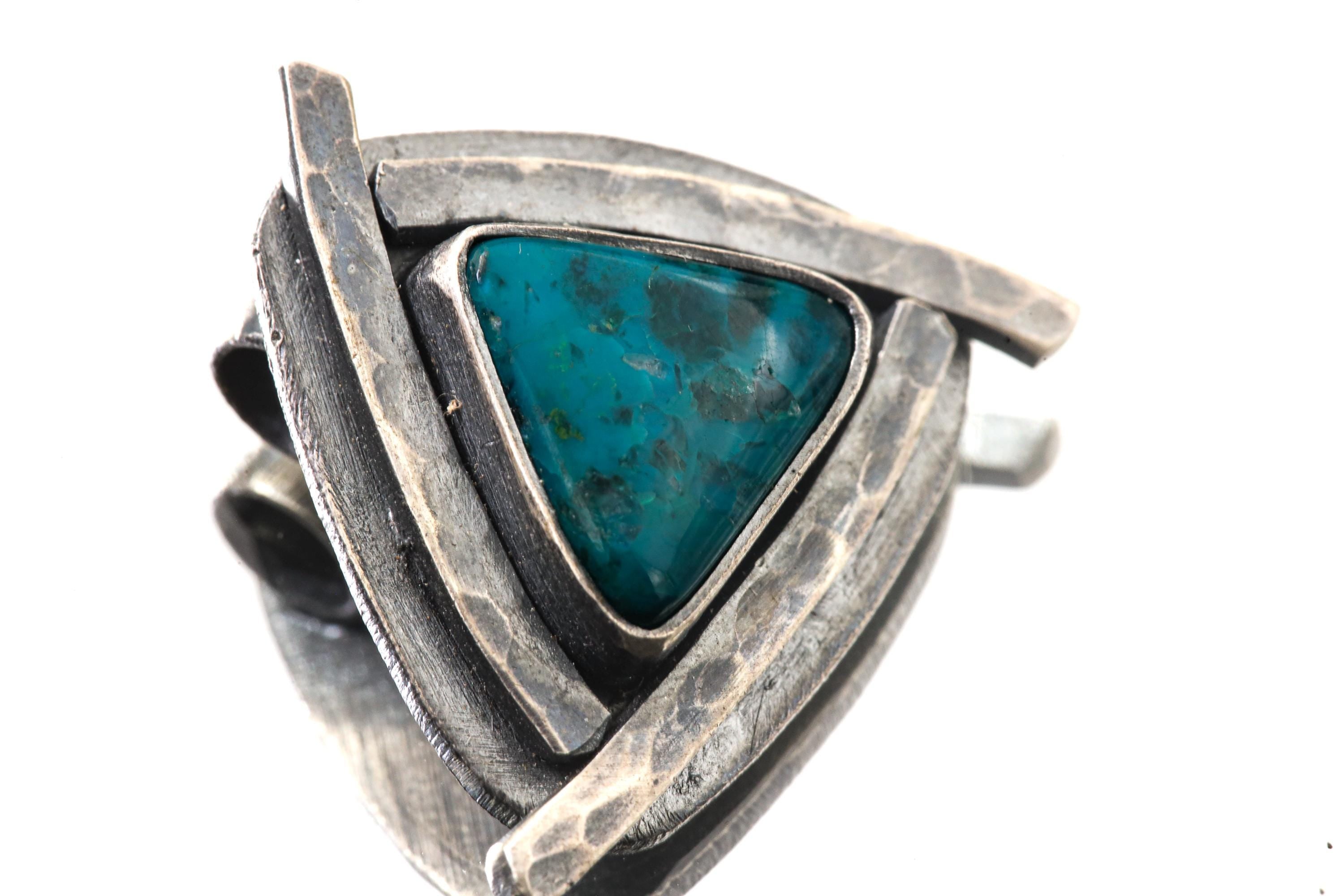 Triangle of Serenity - Silicated Chrysocolla - Stack Pendant - Textured & oxidised - 925 Sterling Silver - Crystal Pendant