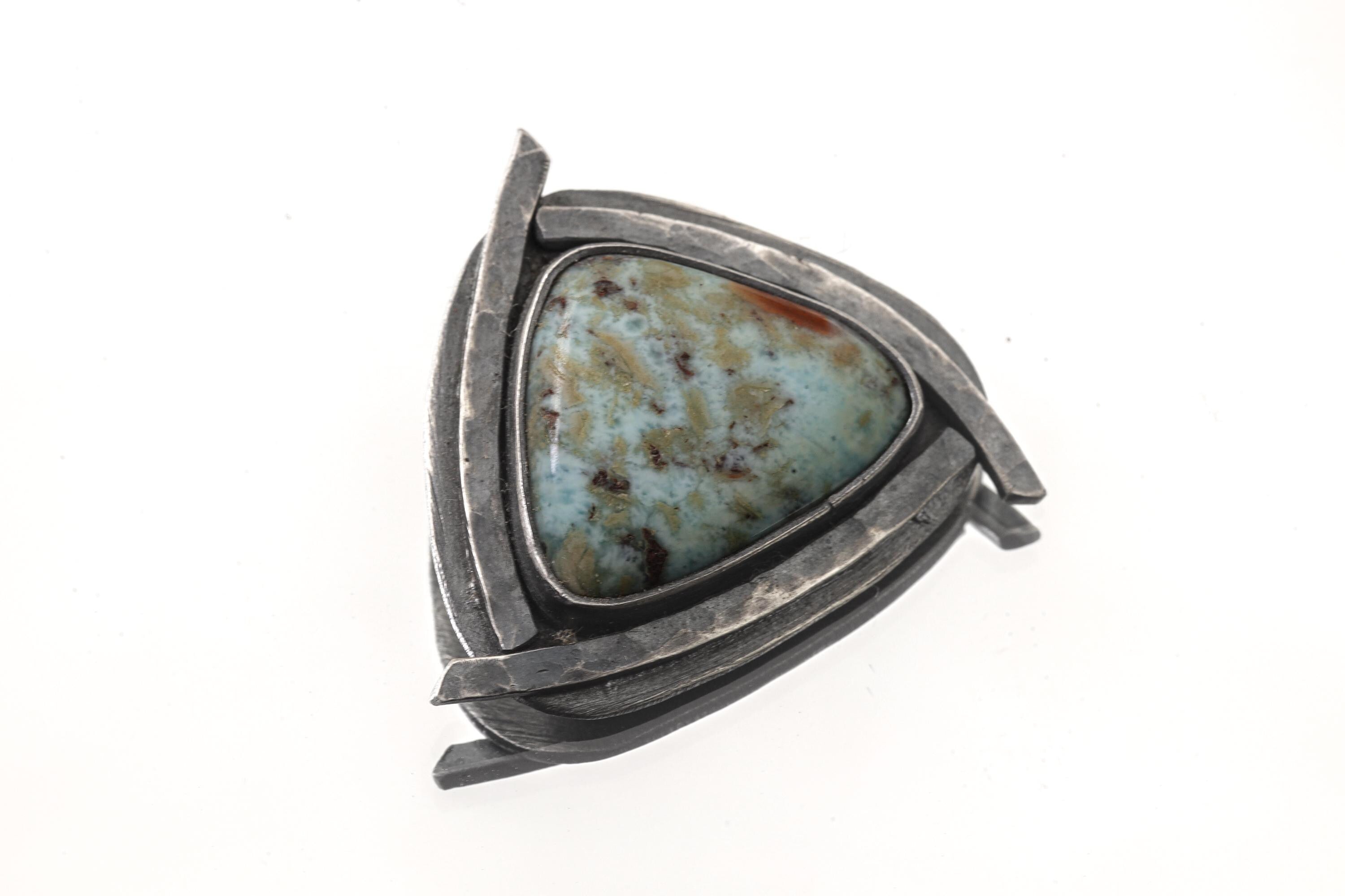 Larimar Triangle Pendant 925 Sterling Silver Oxidized Necklace Throat Third Eye Chakra Aquarius Gift