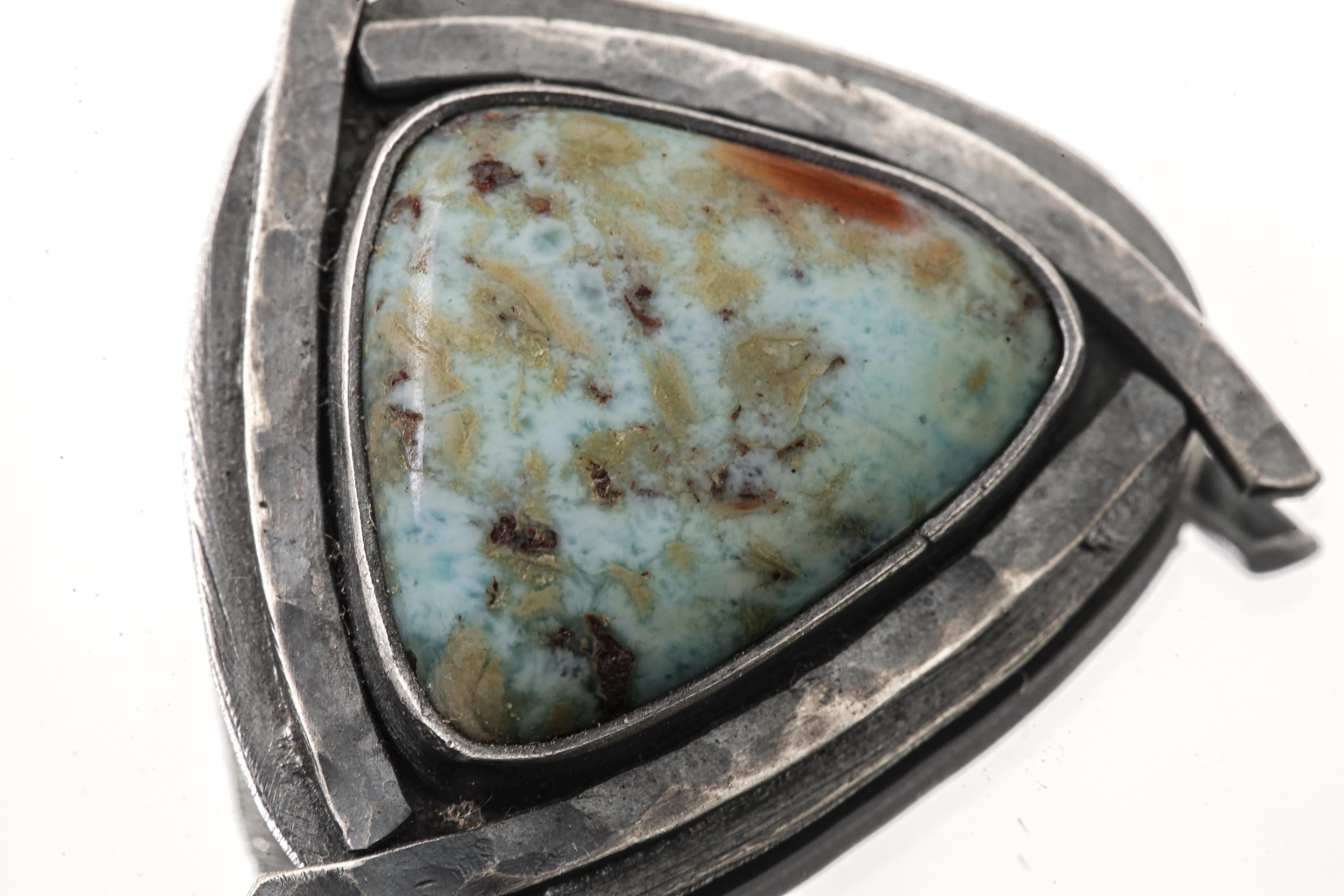 Larimar Triangle Pendant 925 Sterling Silver Oxidized Necklace Throat Third Eye Chakra Aquarius Gift