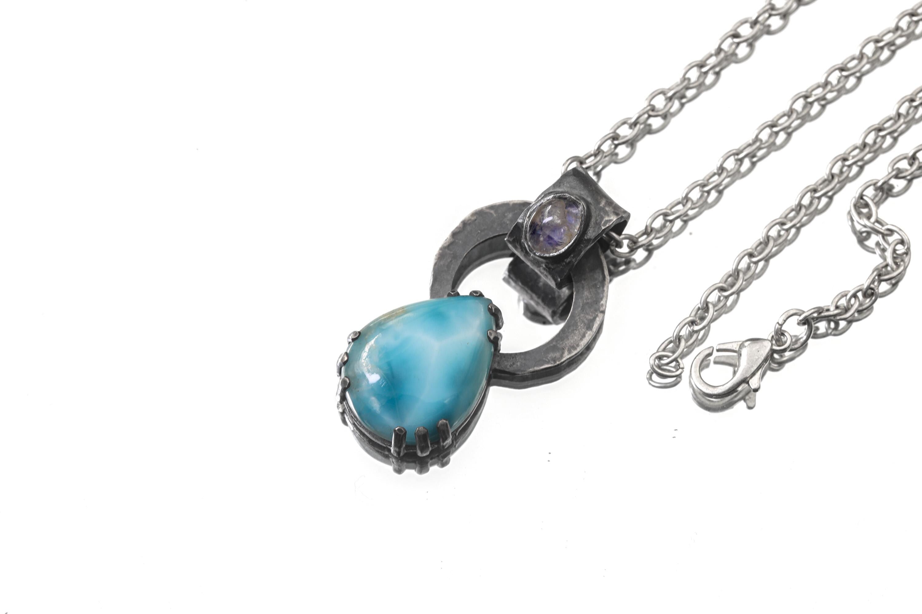 Blue Moonstone Larimar Pendant 925 Sterling Silver Oxidized Claw Necklace Throat Third Eye Chakra Gift