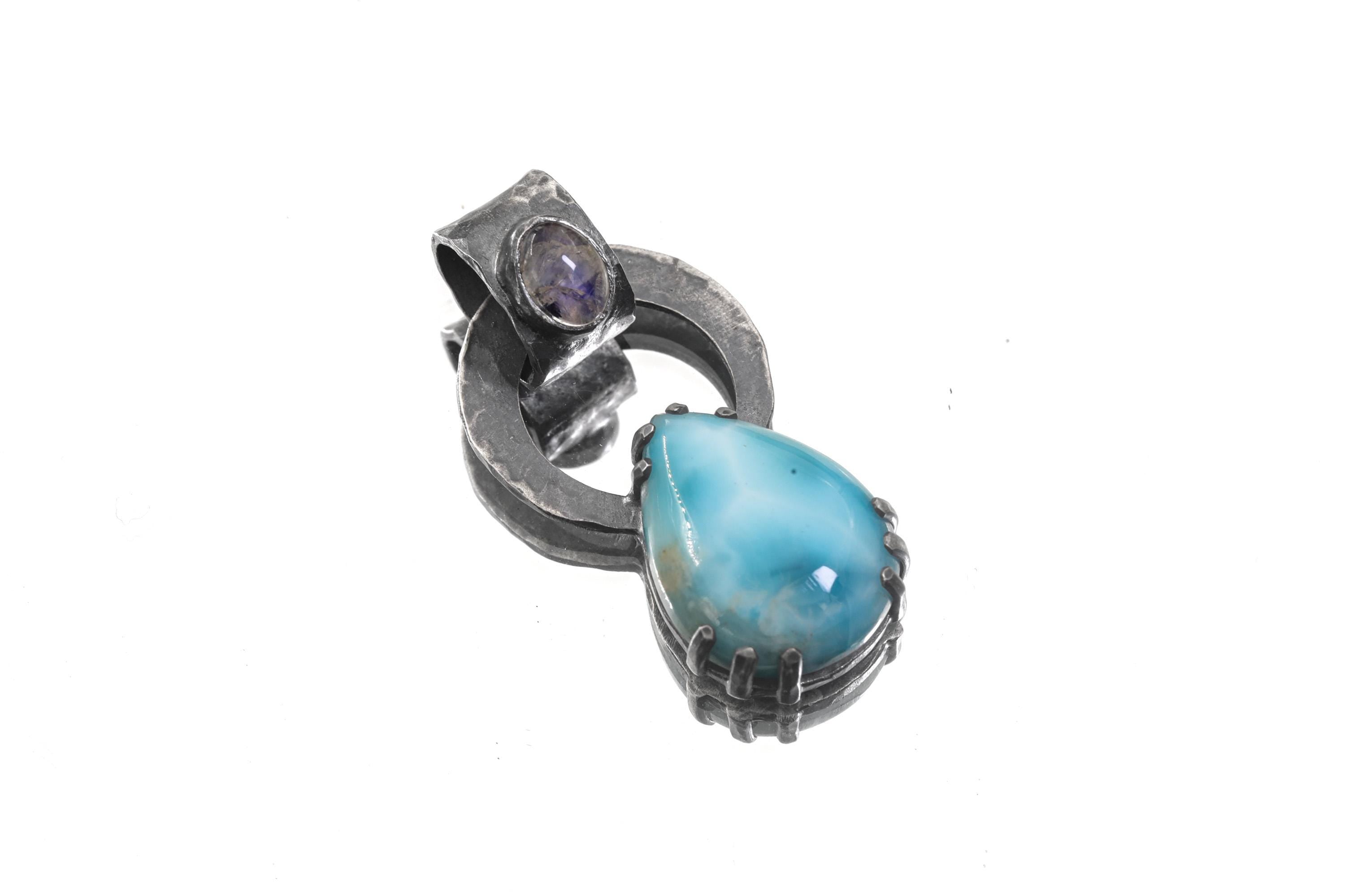 Blue Moonstone Larimar Pendant 925 Sterling Silver Oxidized Claw Necklace Throat Third Eye Chakra Gift