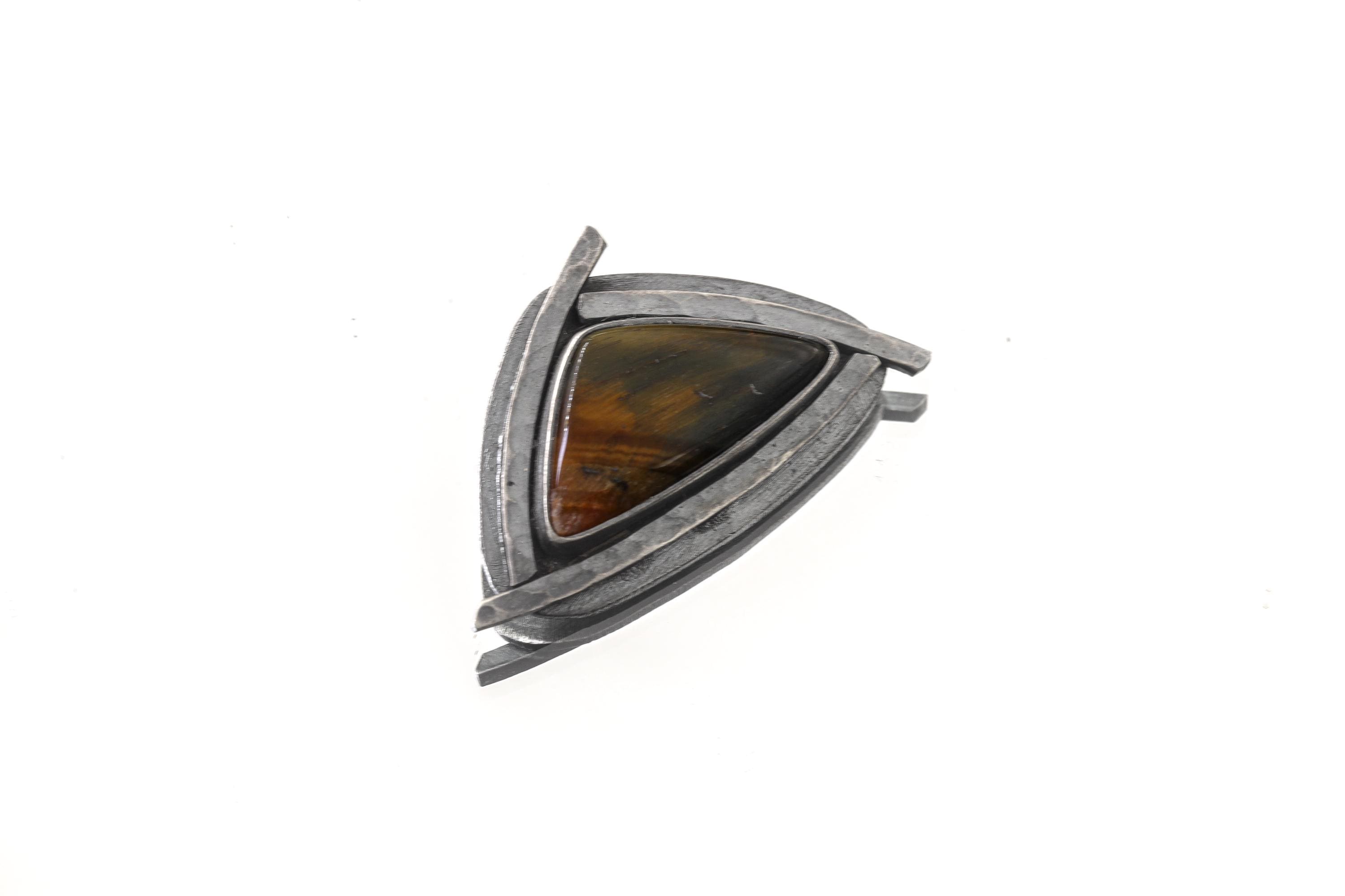 Tiger Eye Triangle Pendant 925 Sterling Silver Oxidized Necklace Solar Plexus Root Chakra Leo Capricorn Gift