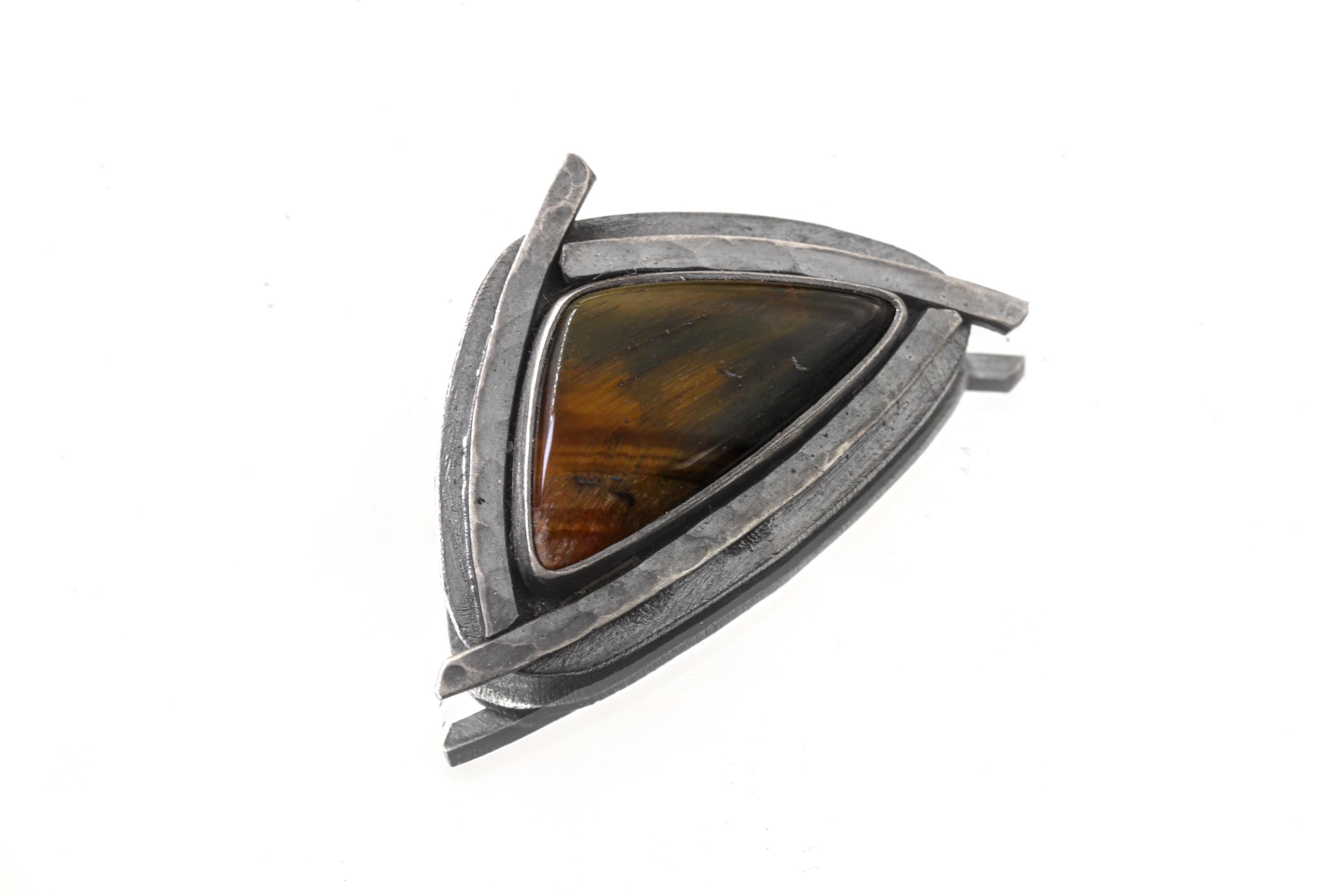 Tiger Eye Triangle Pendant 925 Sterling Silver Oxidized Necklace Solar Plexus Root Chakra Leo Capricorn Gift