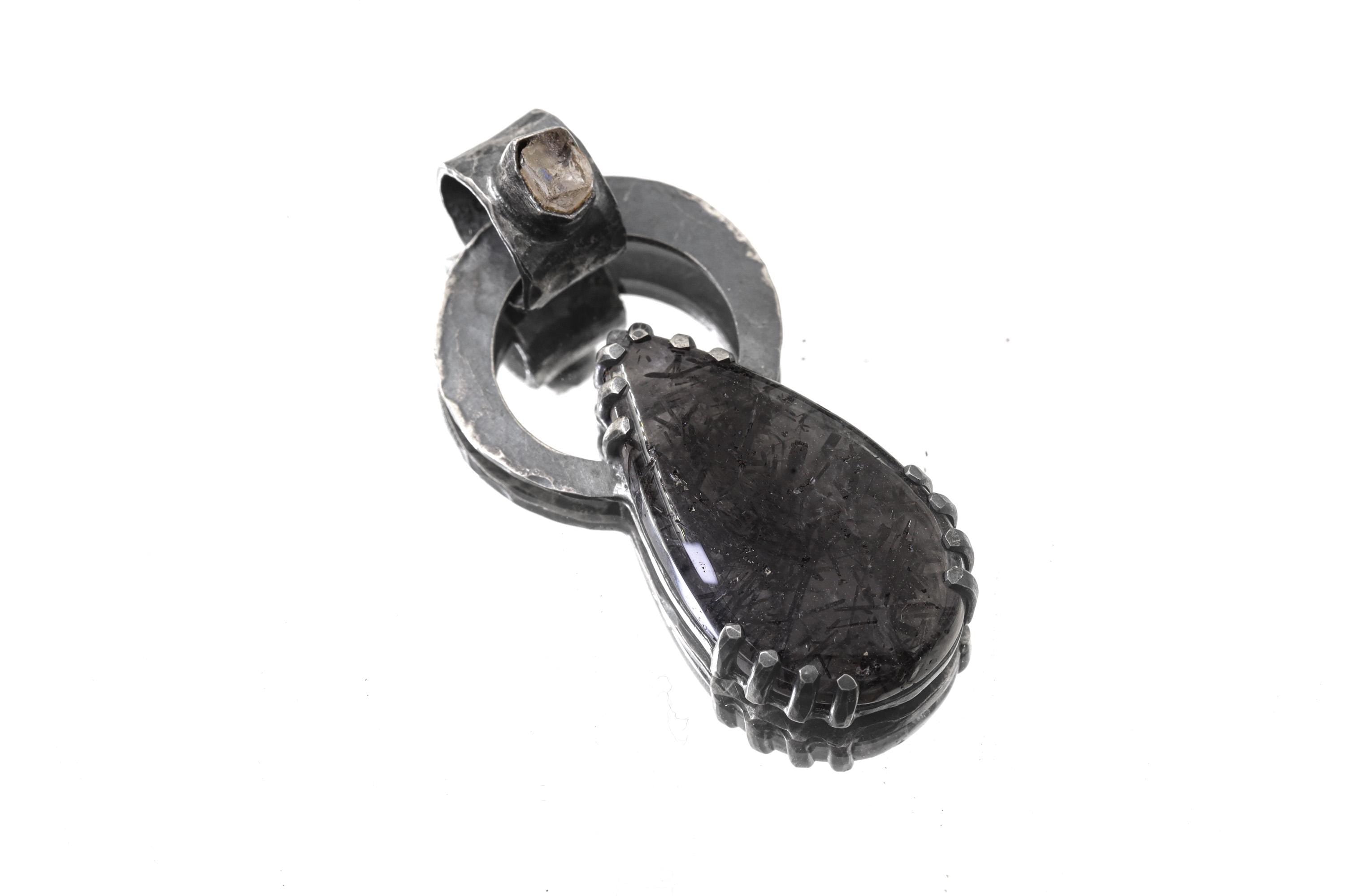 Raw Moonstone Black Rutile Pendant 925 Sterling Silver Oxidized Necklace Third Eye Crown Chakra Gift