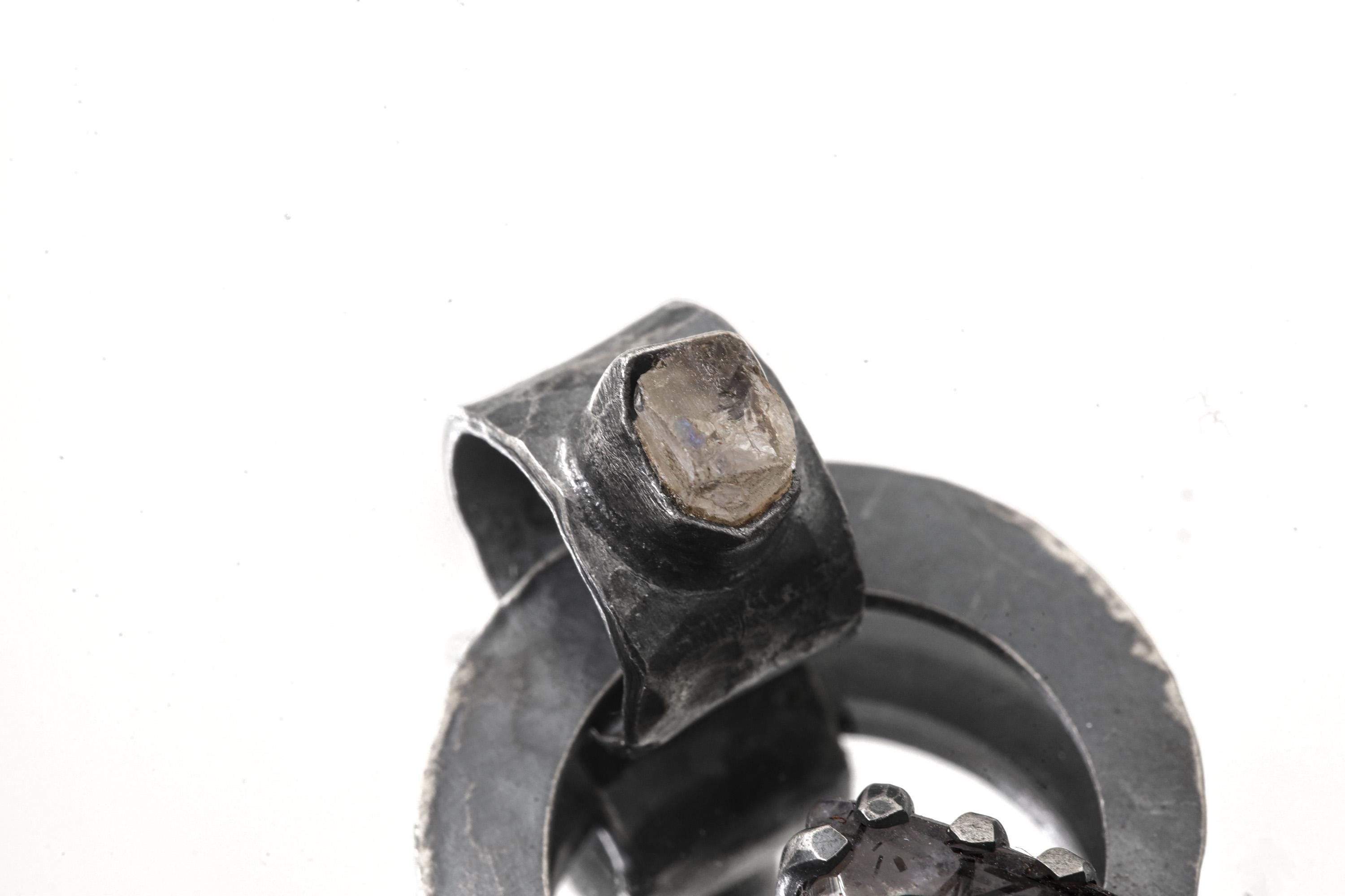 Raw Moonstone Black Rutile Pendant 925 Sterling Silver Oxidized Necklace Third Eye Crown Chakra Gift