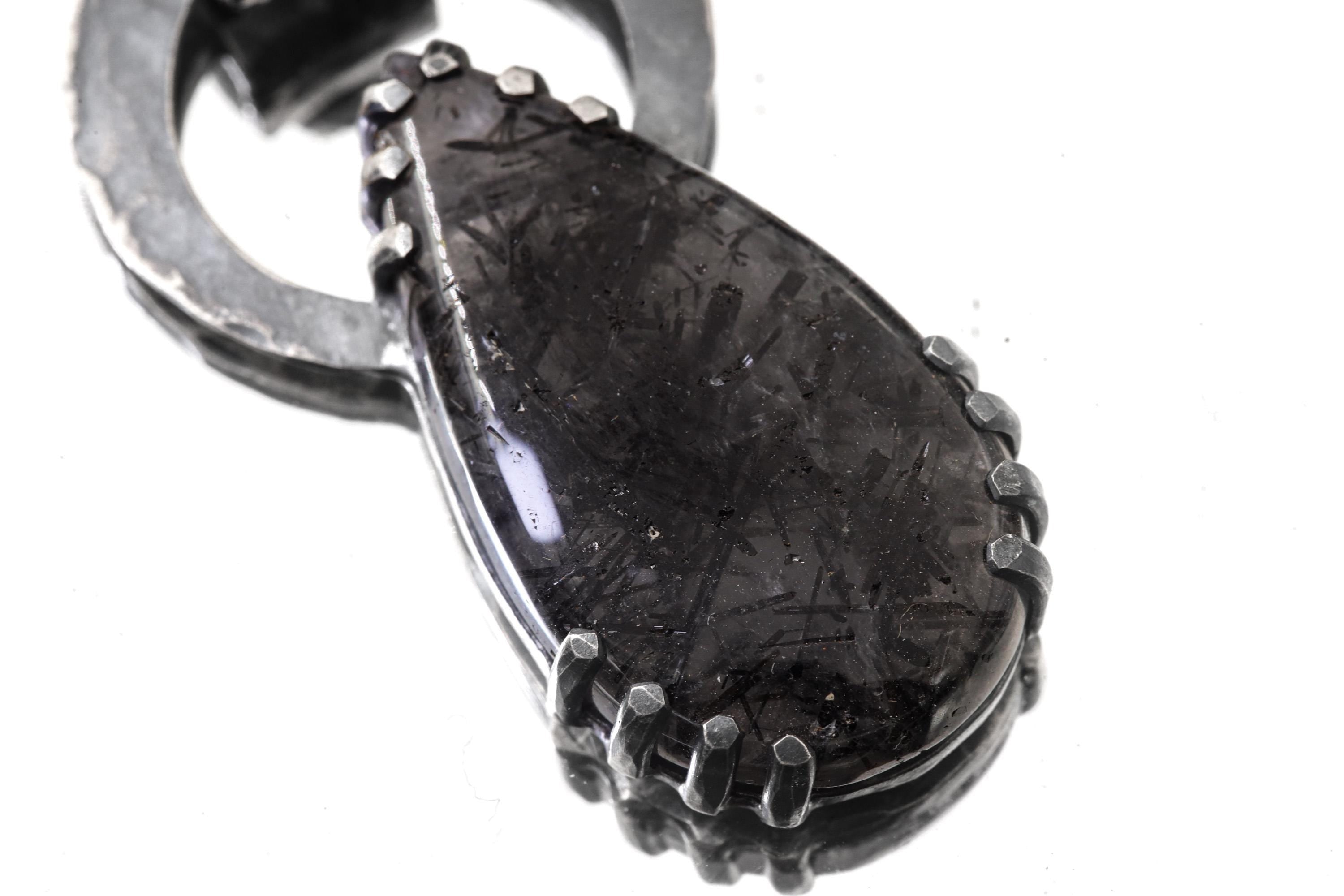 Raw Moonstone Black Rutile Pendant 925 Sterling Silver Oxidized Necklace Third Eye Crown Chakra Gift