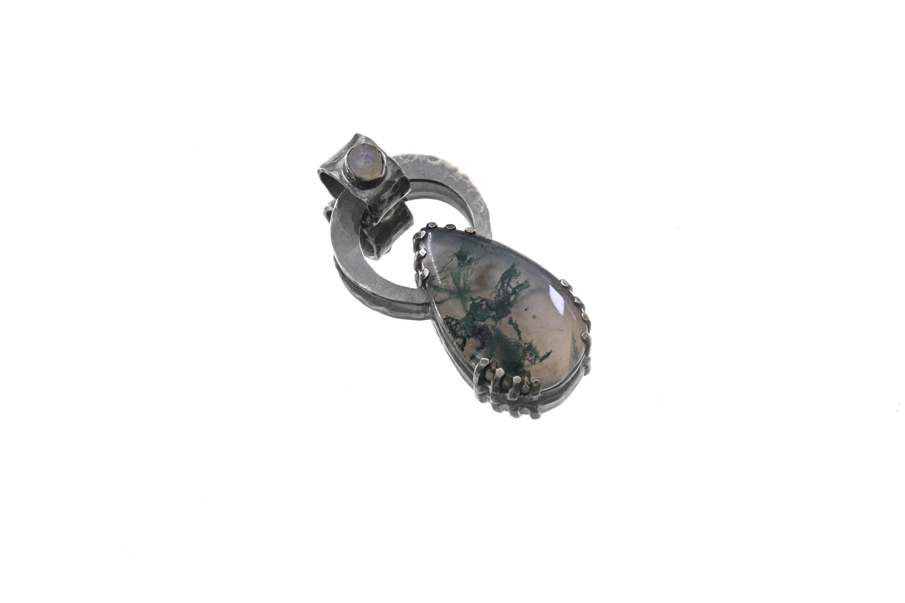 Moss Agate & Blue Moonstone - Oxidised Hammered Sterling Silver - Claw Set Pendant