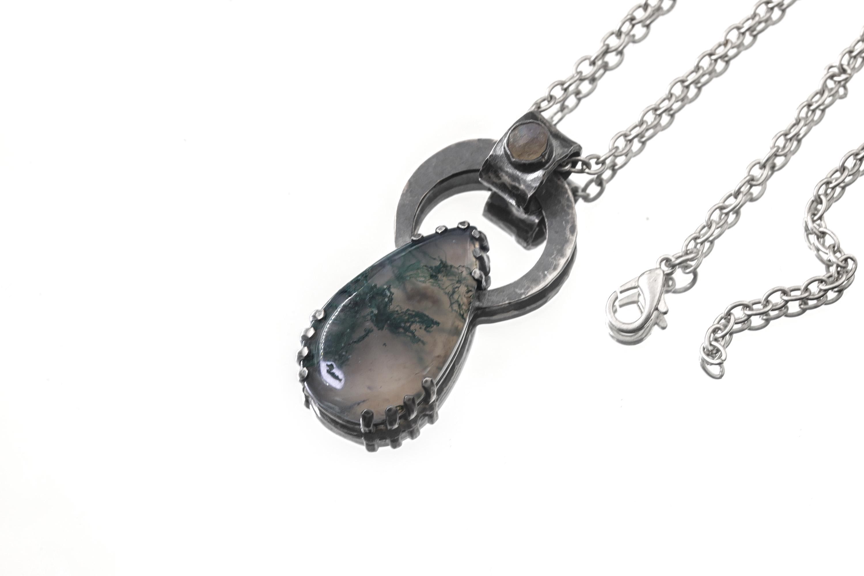 Moss Agate & Blue Moonstone - Oxidised Hammered Sterling Silver - Claw Set Pendant