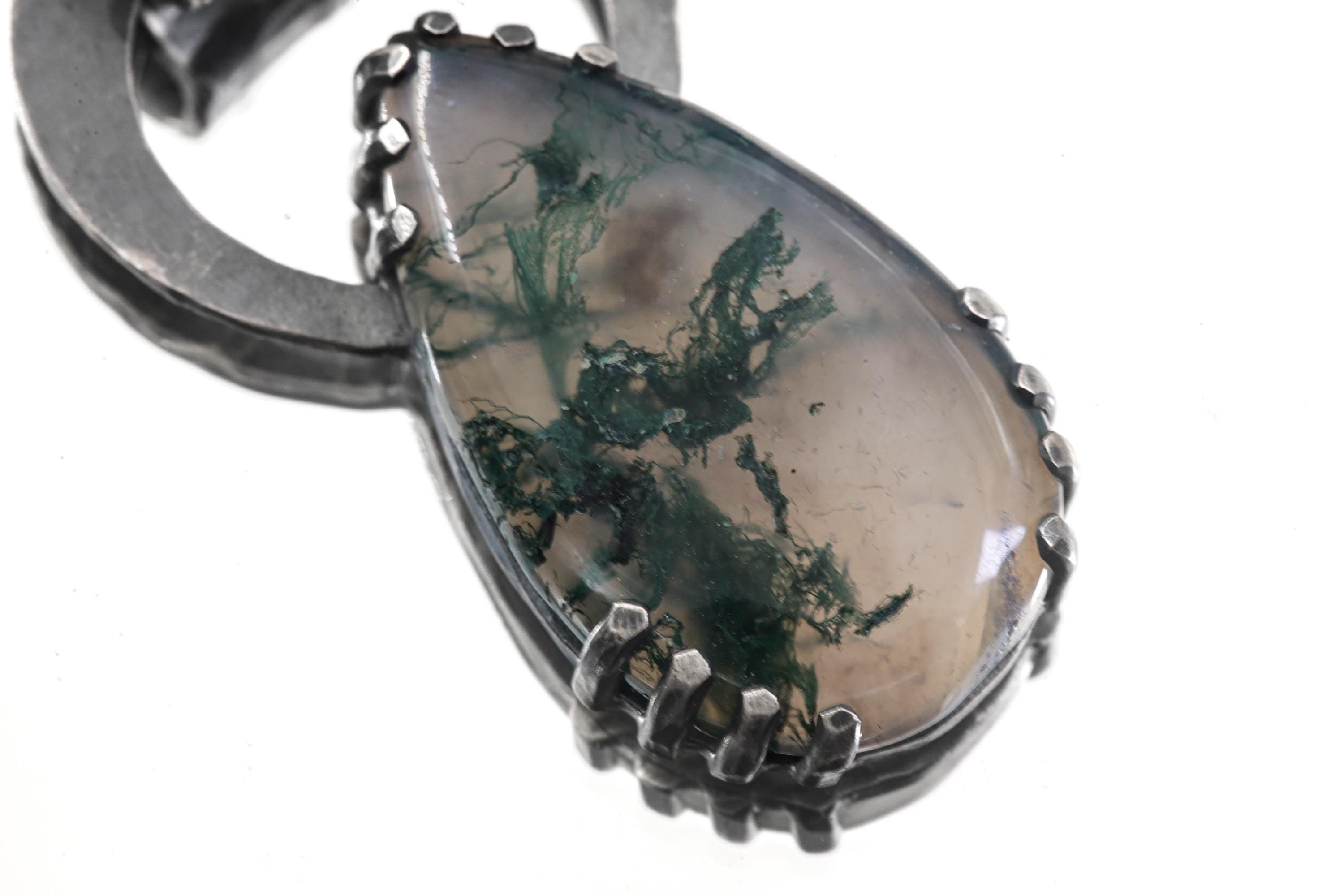 Moss Agate & Blue Moonstone - Oxidised Hammered Sterling Silver - Claw Set Pendant