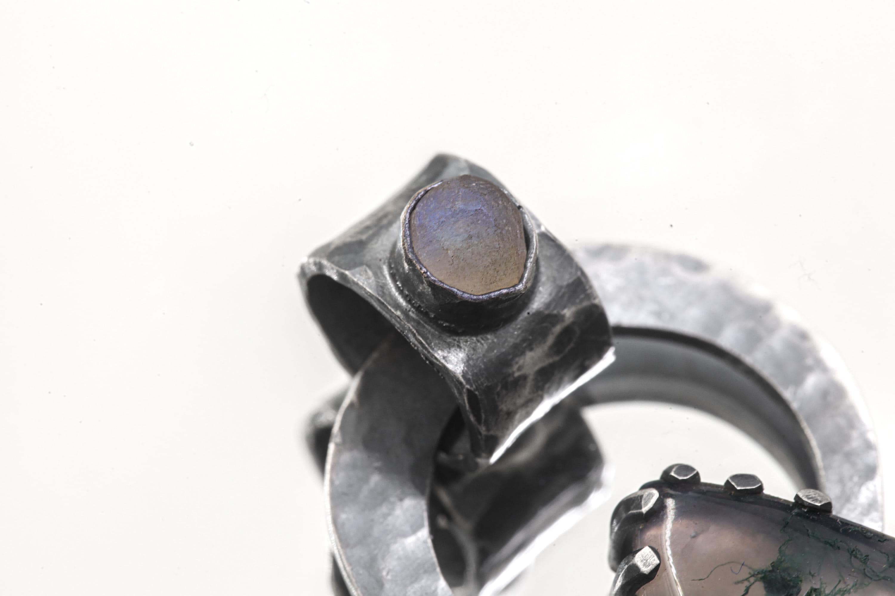 Moss Agate & Blue Moonstone - Oxidised Hammered Sterling Silver - Claw Set Pendant