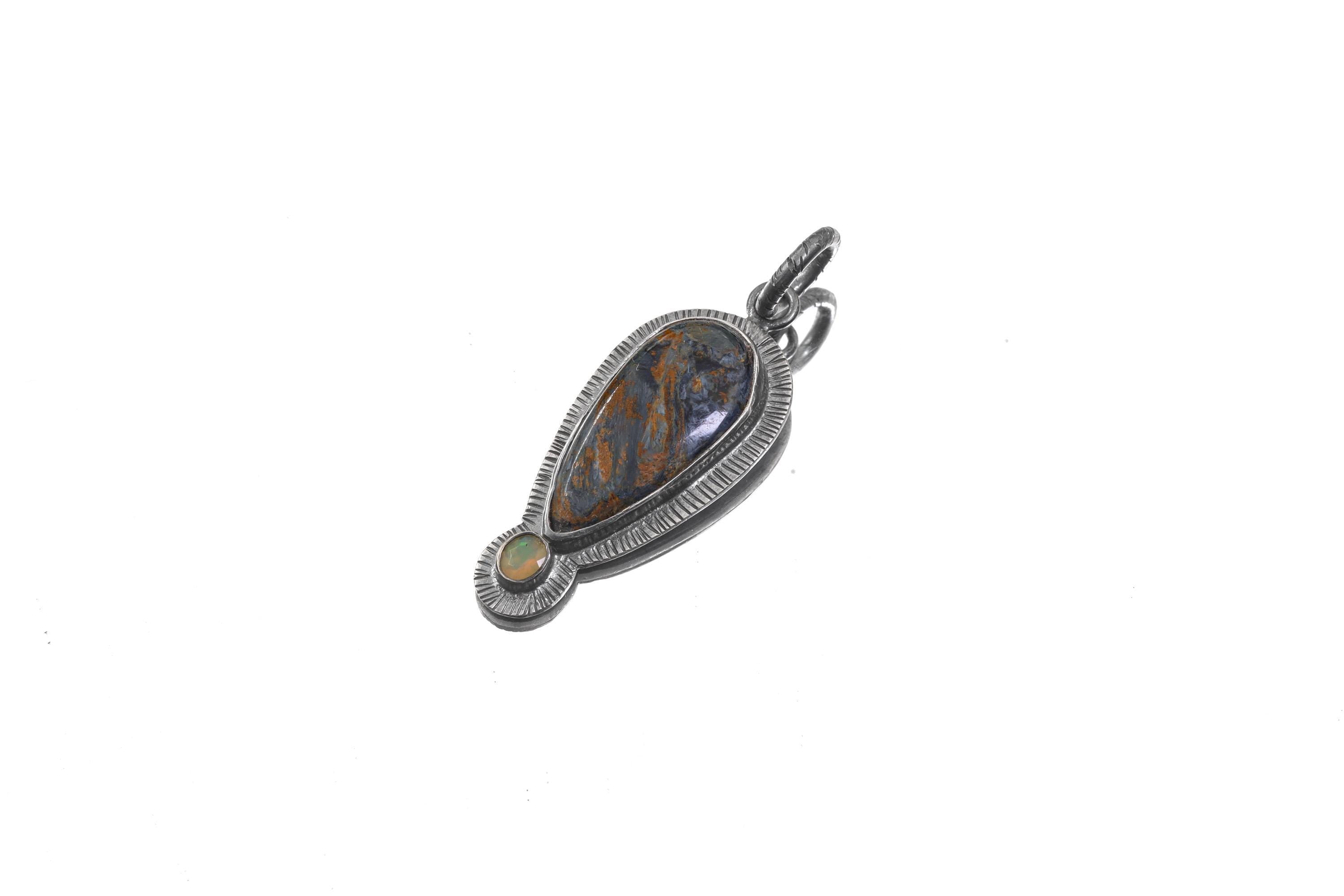 Pietersite & Ethiopian Opal Pendant: Oxidized Sterling Silver Sun Ray Design