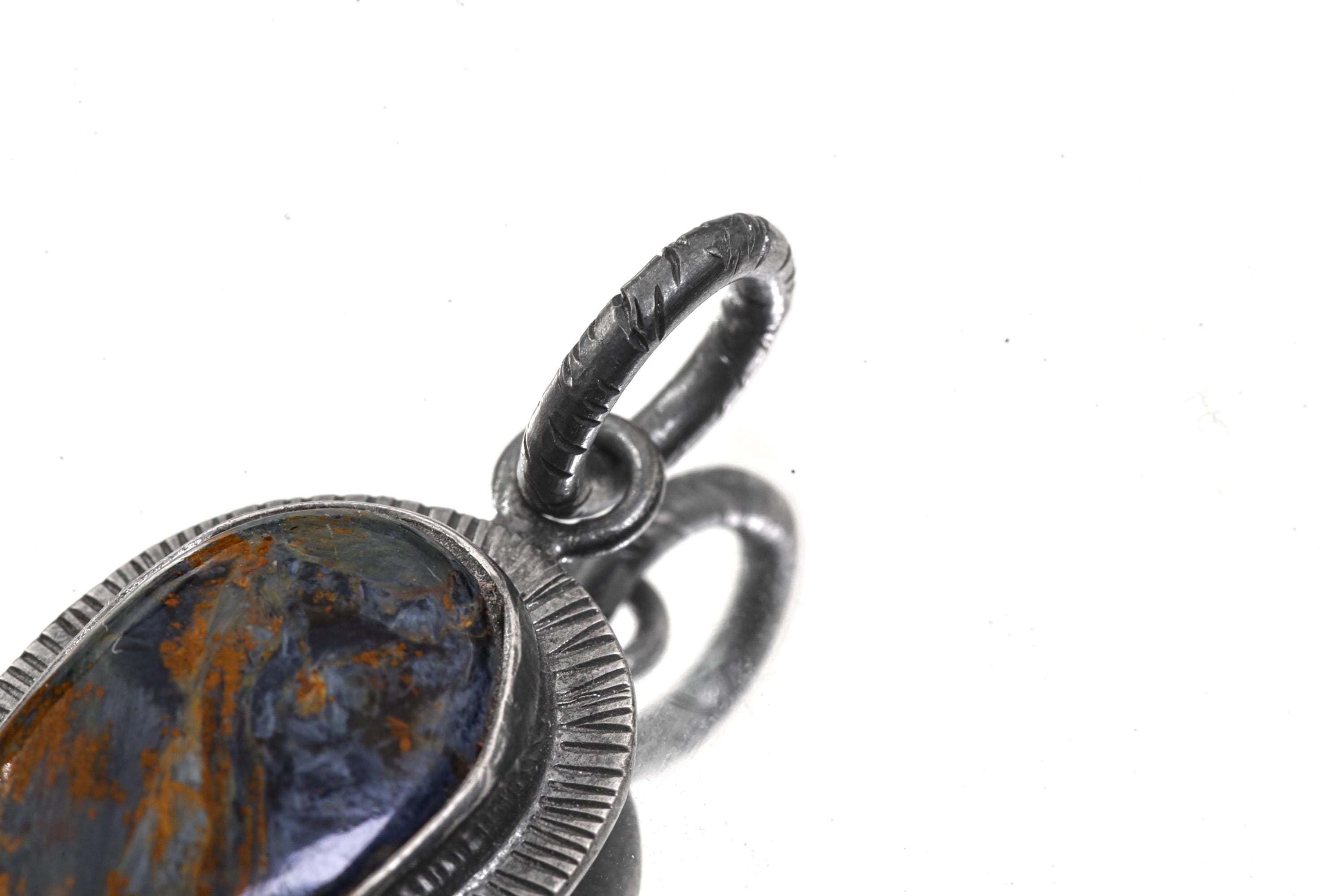 Pietersite & Ethiopian Opal Pendant: Oxidized Sterling Silver Sun Ray Design